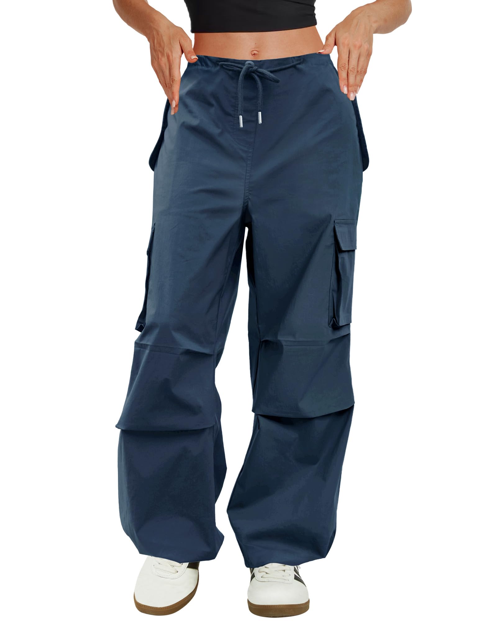 Women's Low Waist Cargo Pants - Y2K Style Parachute Pants with Multiple Pockets | Loose Fit Baggy Hiking Pants in Navy Blue | Perfect for Outdoor Adventures, Streetwear & Casual Fashion