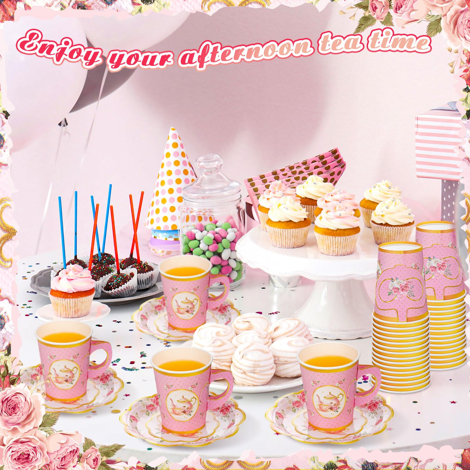 Vesici 150-Piece Tea Party Decorations Set - 9 oz Disposable Paper Cups with Handles, Plates, Saucers & Napkins - Elegant Tea Party Supplies for Bridal Showers, Baby Showers & Birthday Parties (Includes Teapot Design)