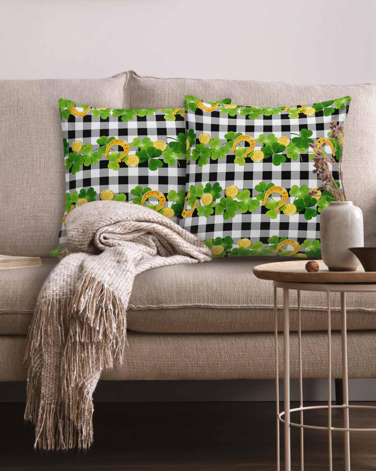 St. Patrick's Day Lucky Clover Pillow Covers 16x16 Inch Set of 2 - Rustic Linen Decorative Square Throw Pillow Covers with Buffalo Plaid Design - Perfect for Patio, Sofa, Couch & Bedroom Decor