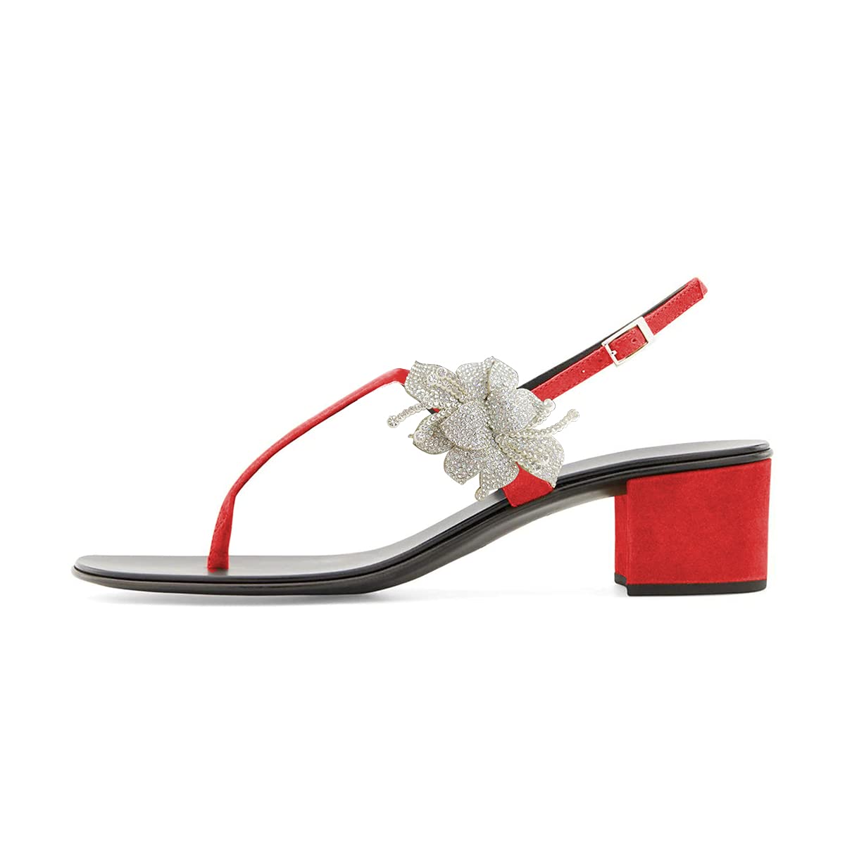 FSJ Women's Rhinestone Flower T-Strap Sandals - Adjustable Buckle Mid Heel Slingback Open Toe Shoes for Summer Beach Wedding Party Size 4-15 US | Comfortable & Stylish Casual & Dressy Footwear
