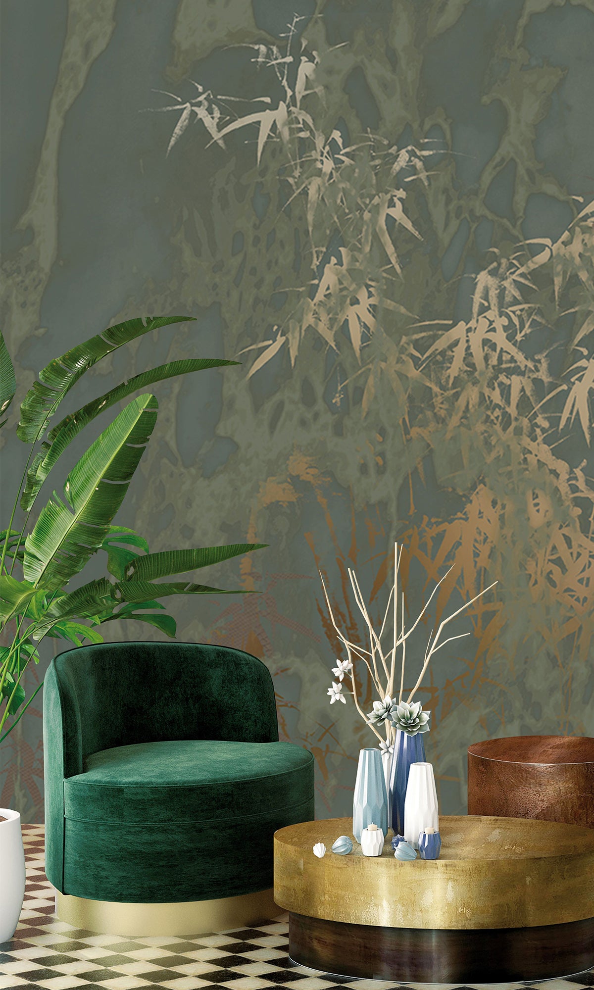 Dark Moss Green Abstract Bamboo Forest Mural Wallpaper M2584 - Nature-Inspired Peel & Stick Wall Decor for Living Room, Bedroom & Office