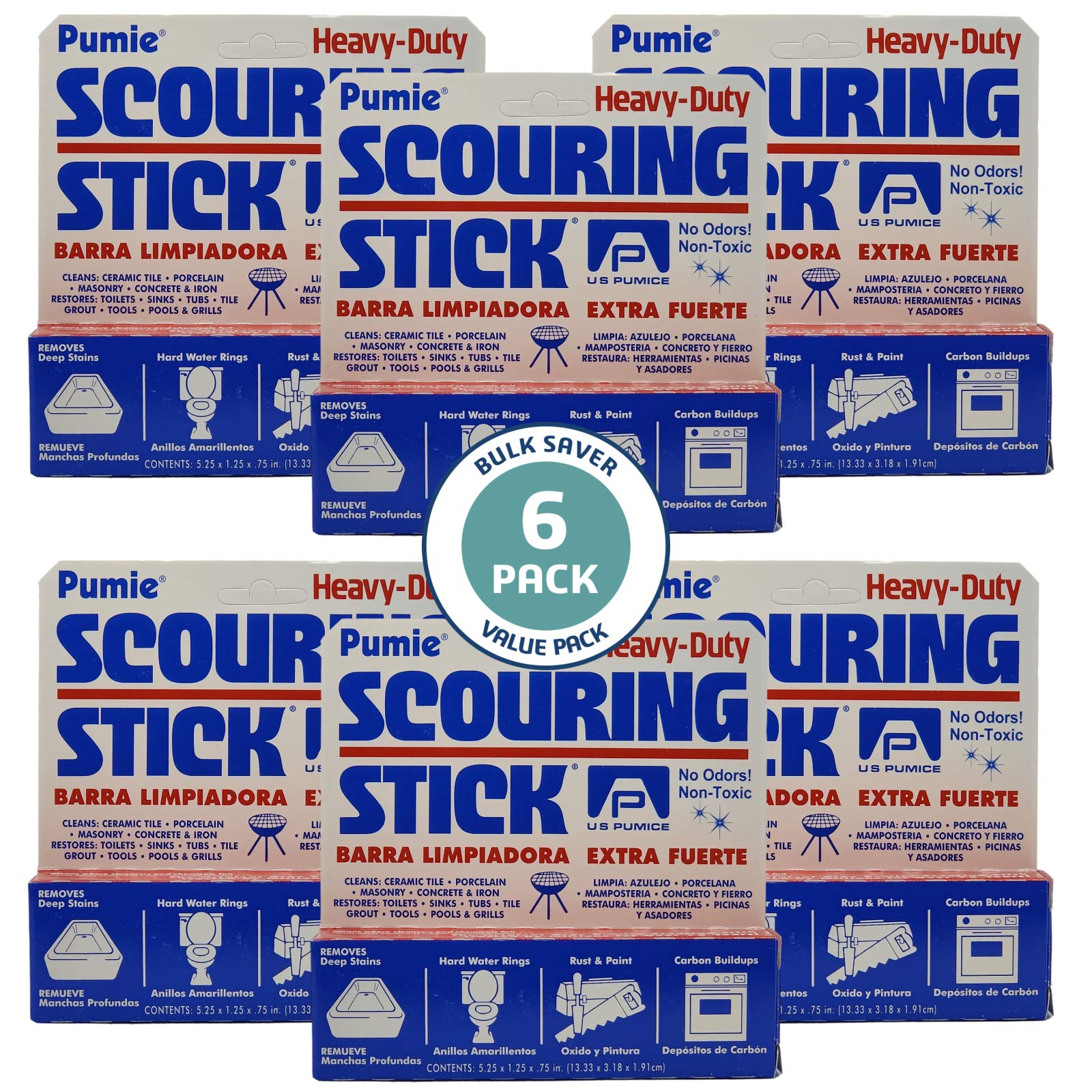 PUMIE Pumice Scouring Stick - 6 Pack for Toilet Bowl Cleaning, Hard Water Stain Remover, Rust & Grime Removal - Effective for Bathroom, Pool, Tub, Grill & Kitchen Stain Cleaning - Perfect for Household, Commercial & Outdoor Use
