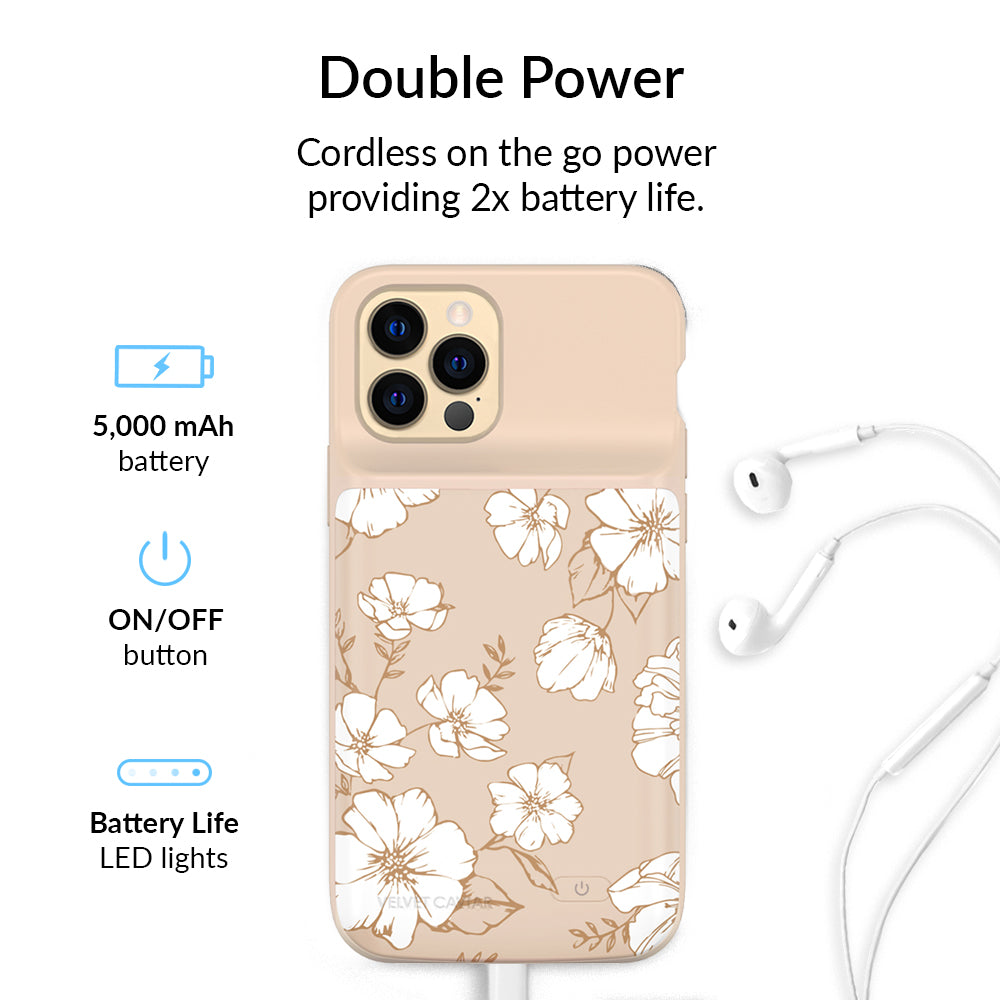 White Floral iPhone Charging Case - Slim Portable Battery Charger for iPhone 11/12/13/14/15 - Perfect for Travel, Work & Everyday Use