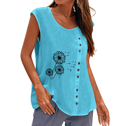 Women's Dandelion Print Sleeveless Button Vest - Summer Casual Round Neck Loose Blouse Top for Women | Perfect for Beach Outings, Picnics & Summer Vacations