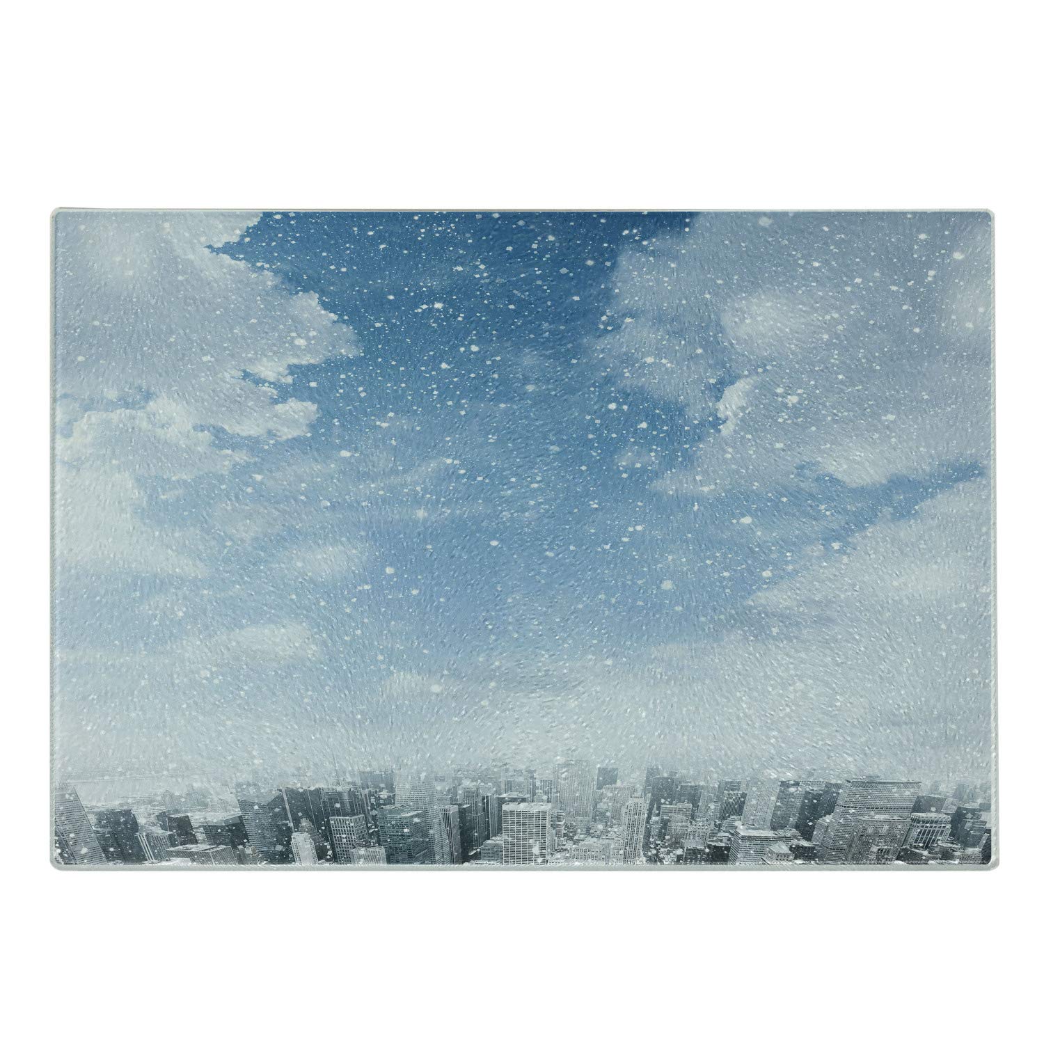 Ambesonne Winter Themed Tempered Glass Cutting Board - Snow Falling on New York City Skyline Design - Small Decorative Serving Board in Blue Grey White - Perfect for Holiday Entertaining, Cheese Platters & Kitchen Decor