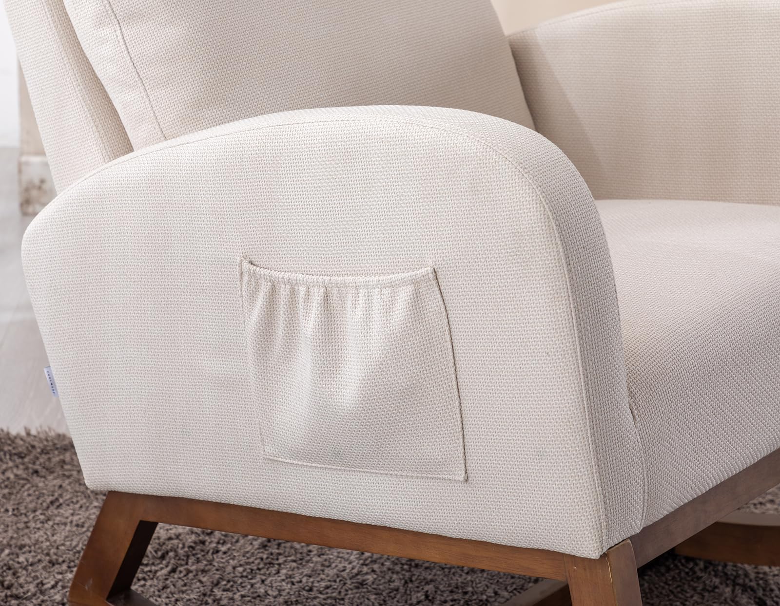 Modern Upholstered Glider Rocking Chair with Side Pocket - High Back Support Nursery Rocker, Solid Wood Base Accent Armchair for Living Room, Bedroom, Nursery & Office - Perfect for Breastfeeding, Reading & Relaxing (Beige)