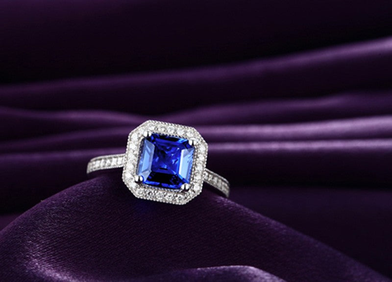 1 Carat Princess Cut Sapphire & Moissanite Diamond Engagement Ring - 14K White Gold Vintage Style for Wedding Proposal, Anniversary Gift & Bridal Jewelry