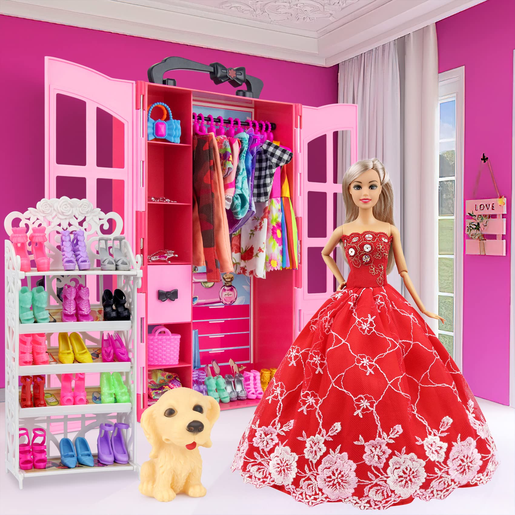 Ecore Fun 120 Pcs Fashion Doll Wardrobe Set - Doll Clothes Storage Organizer with Dresses, Shoes, Bags, Necklace & Hangers for 11.5 Inch Girl Dolls - Perfect for Pretend Play, Birthday Gifts & Kids Room Decor