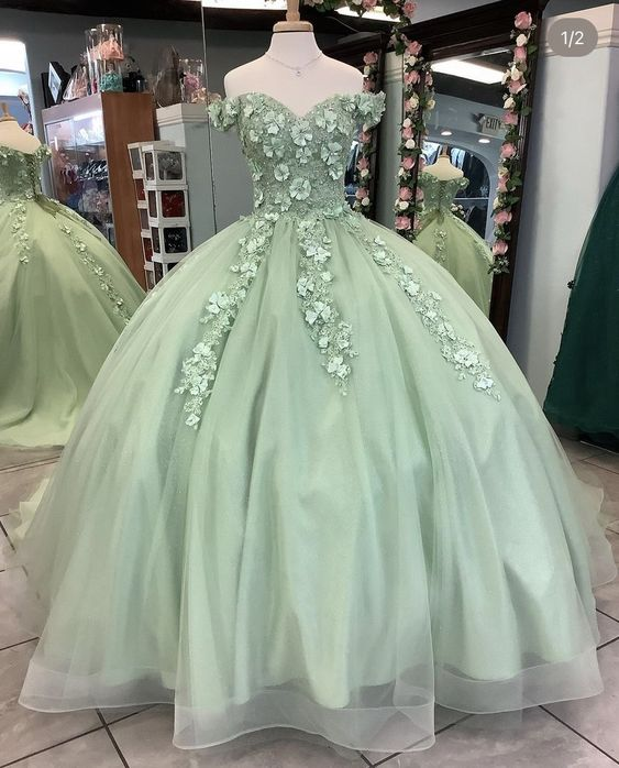 Elegant Off-The-Shoulder Sage Green Quinceañera Dress with Floral Details - Sweet 16 Ball Gown J4634 | Perfect for Quinceañeras, Debutante Balls, Prom & Formal Occasions