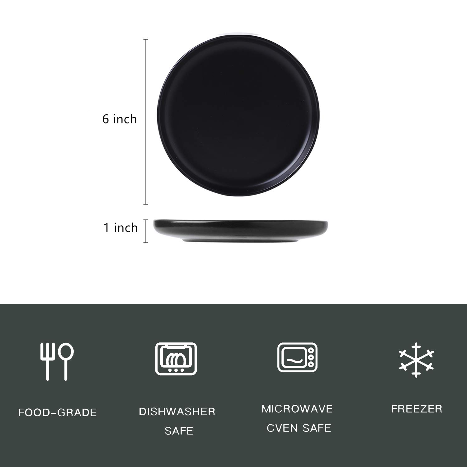 Matte Ceramic Appetizer Plates 6 Inch - Set of 4 Small Mini Dessert Plates, Microwave & Oven Safe - Perfect for Snacks, Bread, Butter, Pie, Cake & Cat Dishes (Black) - Ideal for Dinner Parties, Tea Time & Pet Feeding