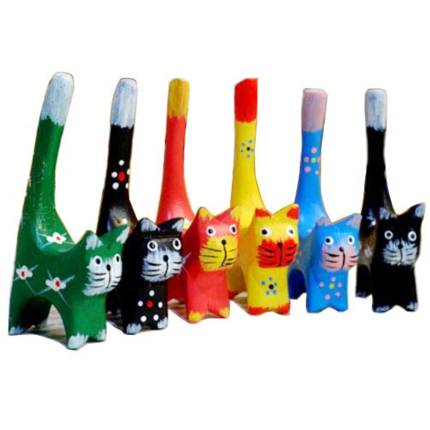 Set of 6 Handcrafted Wooden Cat Figurines - 4.25