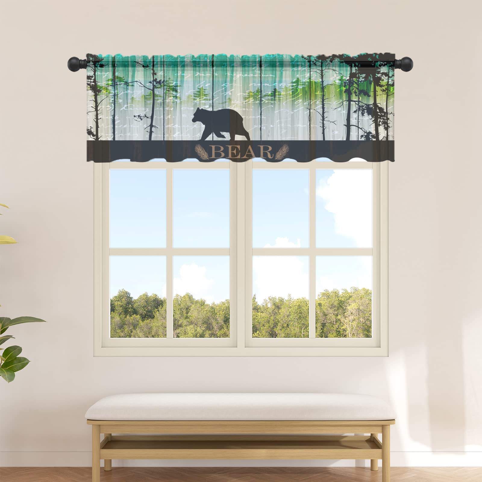 OUR DREAMS Semi-Sheer Valance Curtains - Retro Bear Forest Black Silhouette Window Treatment Panel (54 x 18 Inches, Green Teal) for Living Room, Bedroom & Nursery Decor