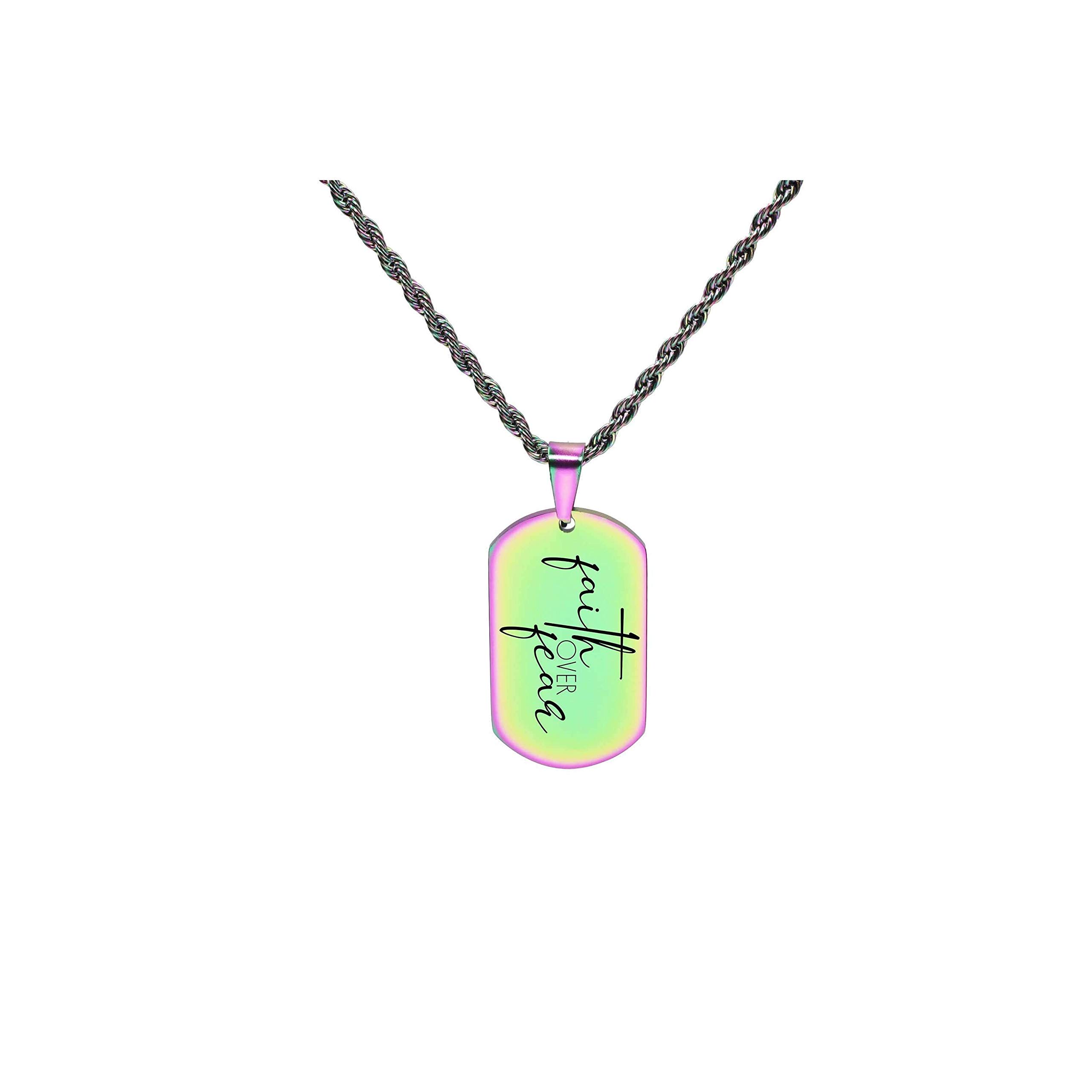 Pink Box Solid Stainless Steel Inspirational Tag Necklace - Faith Over Fear Motivational Jewelry, Rainbow Color Gift for Women, Perfect for Daily Wear, Special Occasions & Inspirational Gifting
