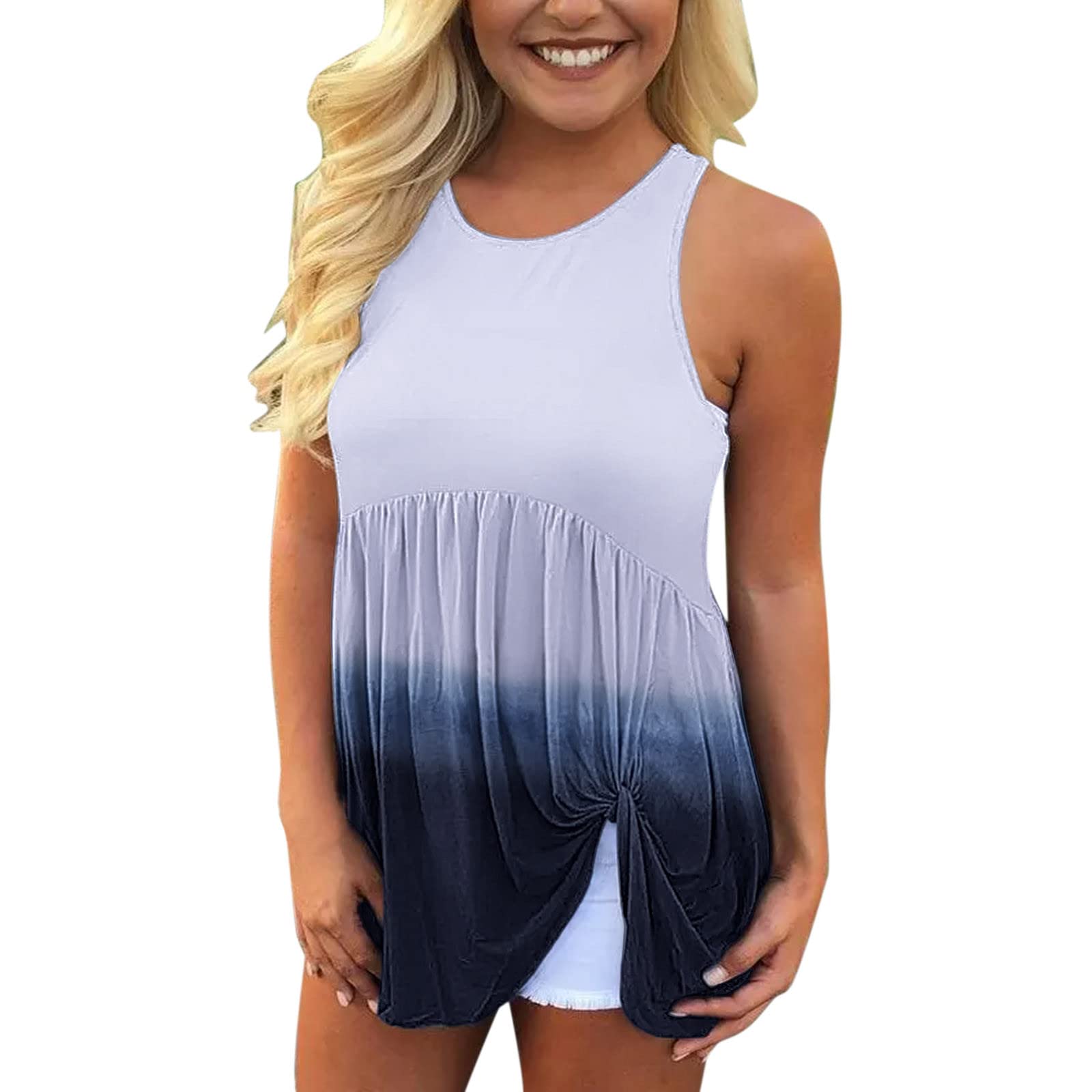 Women's Summer Sleeveless Tank Tops - Casual Round Neck Gradient Loose Blouse with Ruffled Twist Design | Perfect for Beach Outfits, Vacation Wear & Everyday Casual Style