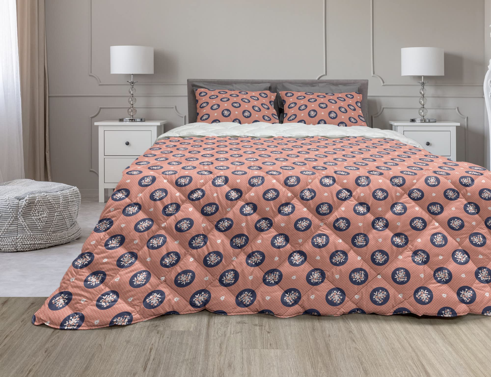 Ambesonne Floral Comforter Set - Twin Size Coral & Night Blue Botanical Duvet Cover with Polka Dot Design, Microfiber Filling, 2-Piece Bedding Set for Wedding, Guest Room & Feminine Bedroom Decor