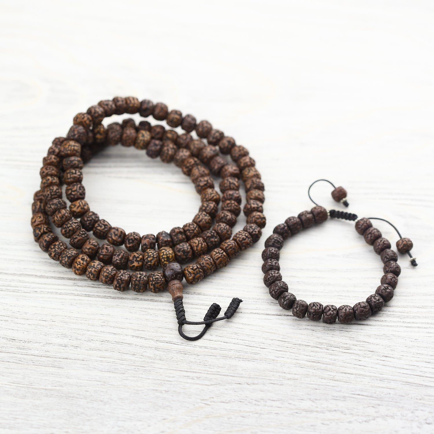 Authentic Aged Dark Rudraksha Mala Bead Necklace & Bracelet Set for Meditation, Yoga, and Spiritual Healing - Handmade Prayer Beads for Buddhist & Hindu Devotion
