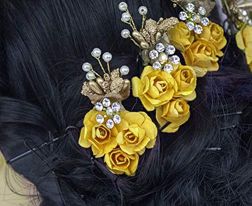 Inaaya Hair Juda Bun Flower Pins for Women - Yellow Hair Styling Accessories (Set of 6) - Perfect for Weddings, Parties & Everyday Hairstyles