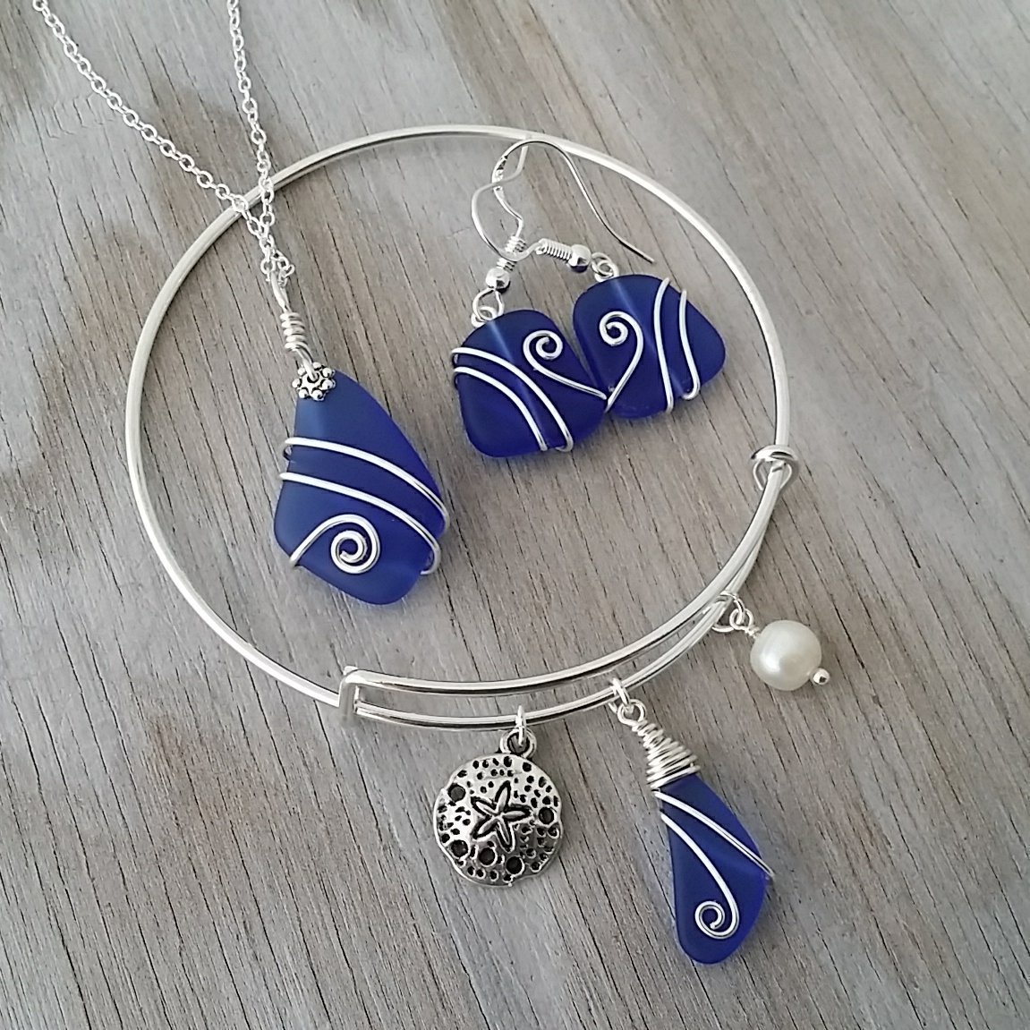 Handmade Wire Wrapped Cobalt Blue Sea Glass Necklace, Earrings & Bracelet Jewelry Set with Sand Dollar Charm - Hawaii Inspired Beach Jewelry Gift Set (Perfect for Beach Weddings, Vacation Accessories & Hawaiian Souvenirs)