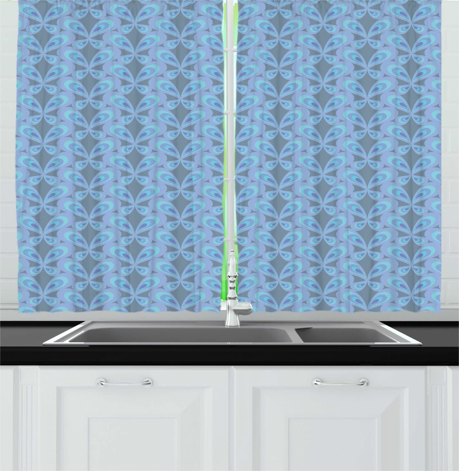 Ambesonne Grey and Blue Long Kitchen Curtains - Retro Abstract Butterfly Design with Rod Pocket, 55