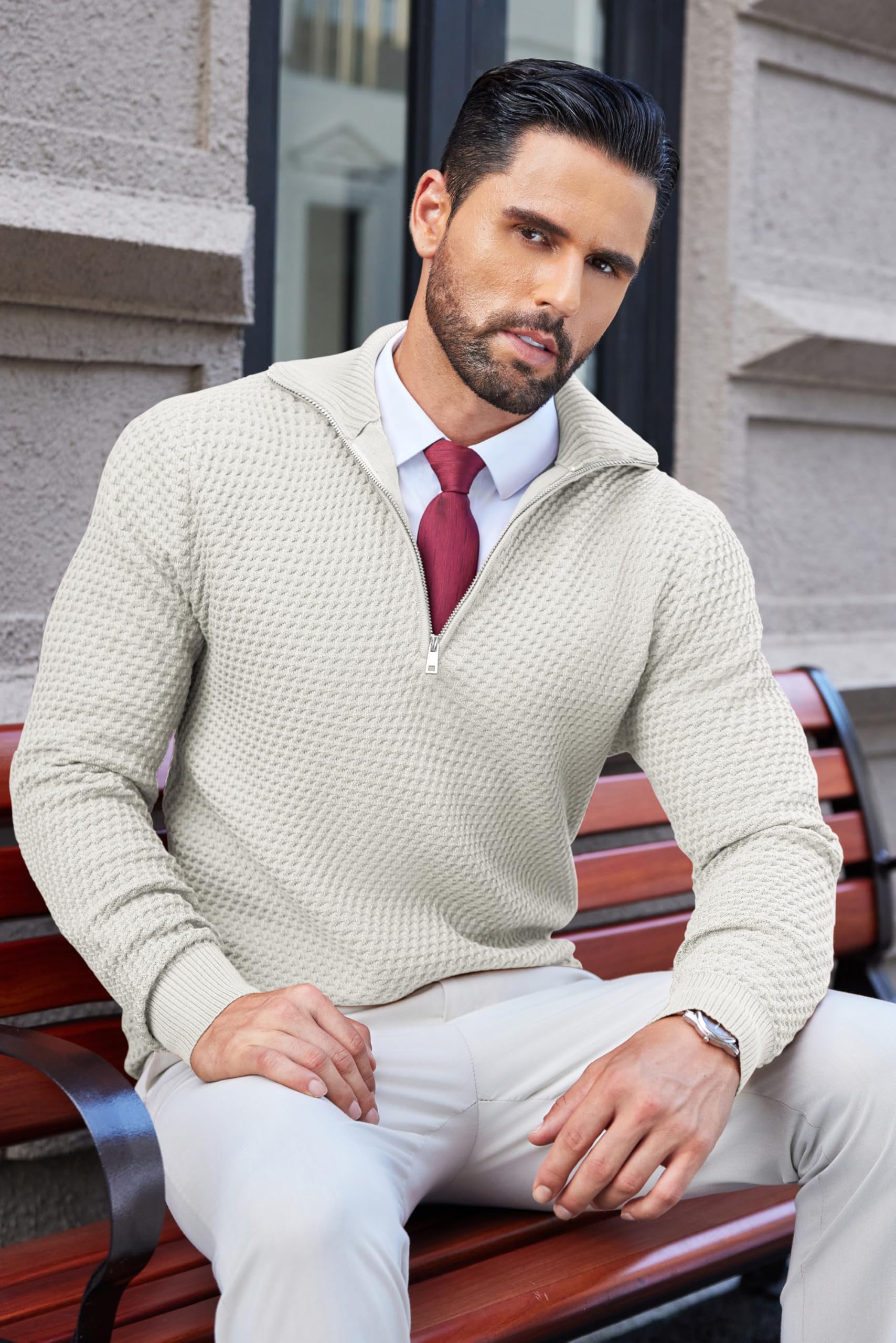 COOFANDY Men's Slim Fit Quarter Zip Pullover Sweater - Waffle Knit Mock Turtleneck Polo Sweatshirt for Casual Wear | Office, Dating, Fall & Winter Outfits