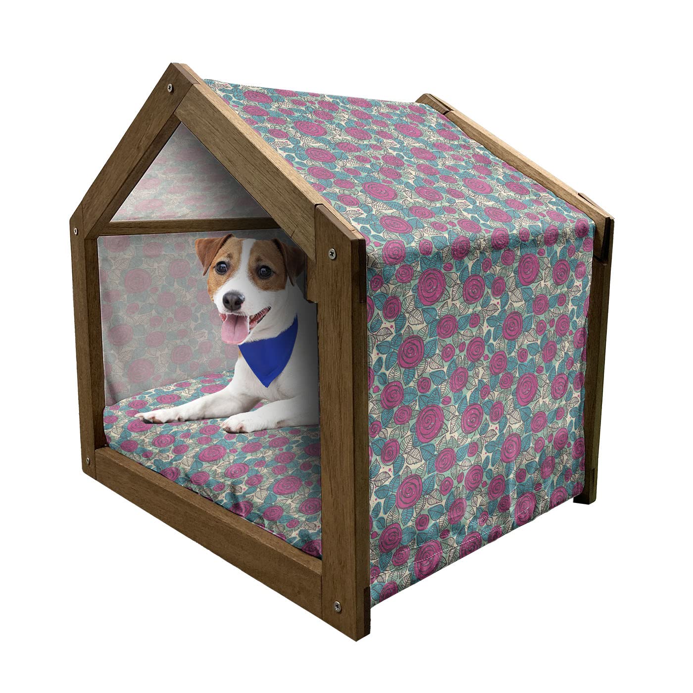 Ambesonne Floral Wooden Pet House - Vintage Colorful Romantic Roses & Leaves Garden Art Design, Indoor & Outdoor Portable Dog Kennel with Pillow & Cover, Small Size, Multicolor - Perfect for Home, Garden, Patio & Pet Travel Use