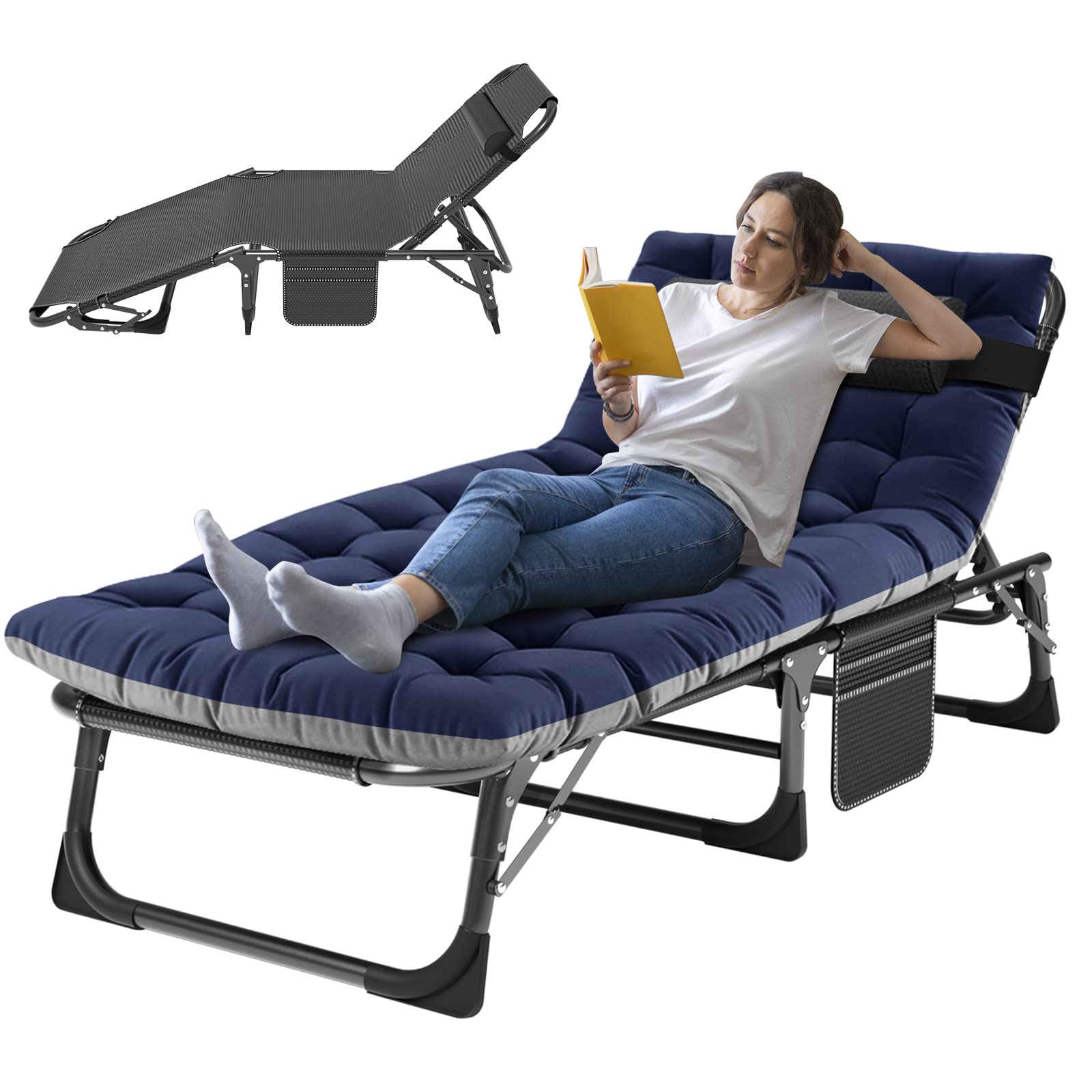 ABORON 5-Position Adjustable Camping Cot for Adults - Portable Folding Sleeping Cot & Lounge Chair with Pillow - Heavy Duty Outdoor Recliner for Beach, Pool, Lawn, Camping, Backyard & Sunbathing | Perfect for Travel, Picnics & Patio Relaxation