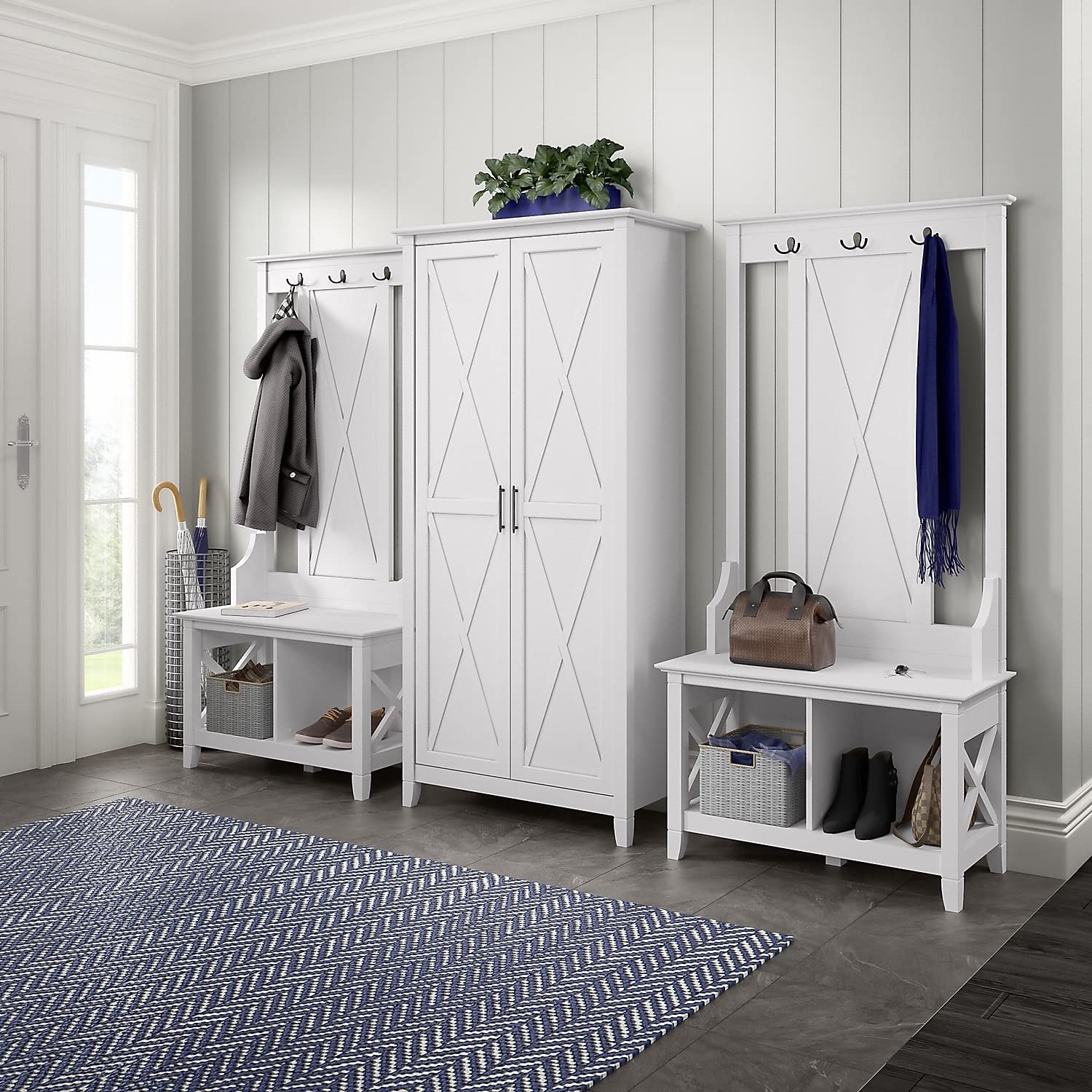 Bush Furniture Key West Hall Tree with Shoe Storage Bench - Pure White Oak Entryway Organizer for Coats, Shoes & Accessories | Perfect for Mudrooms & Small Spaces