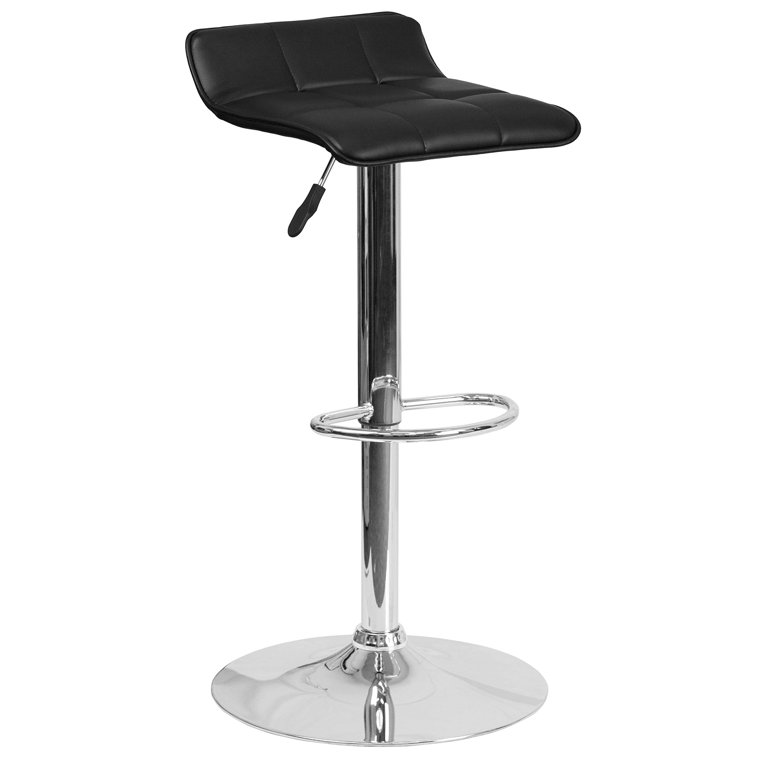 EMMA + OLIVER Black Vinyl Adjustable Height Bar Stool with Quilted Wave Seat - Modern Kitchen Counter Stool for Dining Room, Bar & Home Decor