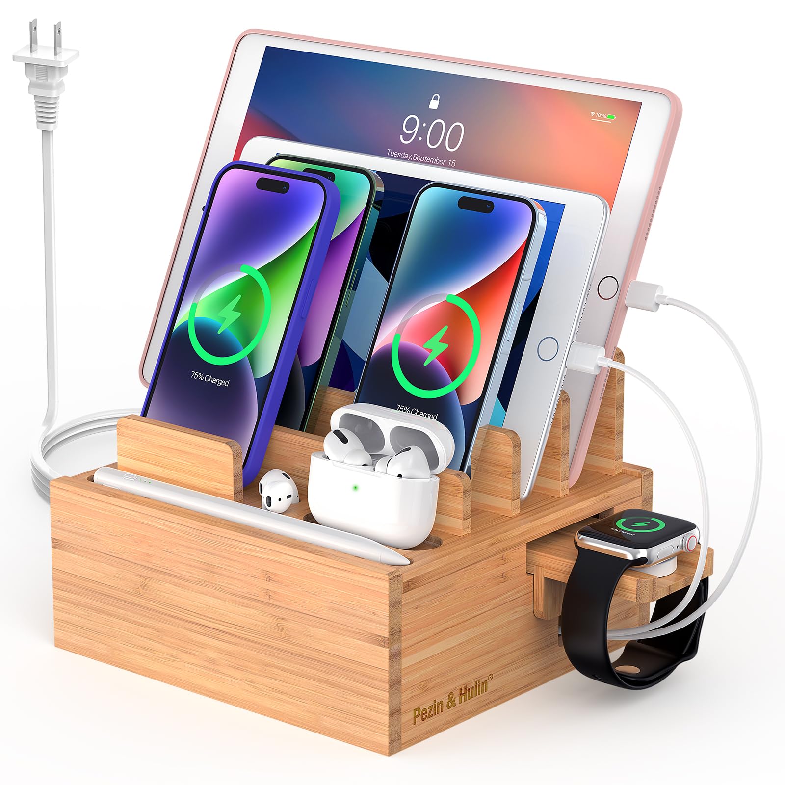 Pezin & Hulin 5-Port USB Bamboo Charging Station with 5 Cables - Multi-Device Desktop Organizer for Phones, Tablets & Accessories - Perfect for Home, Office & Travel Use