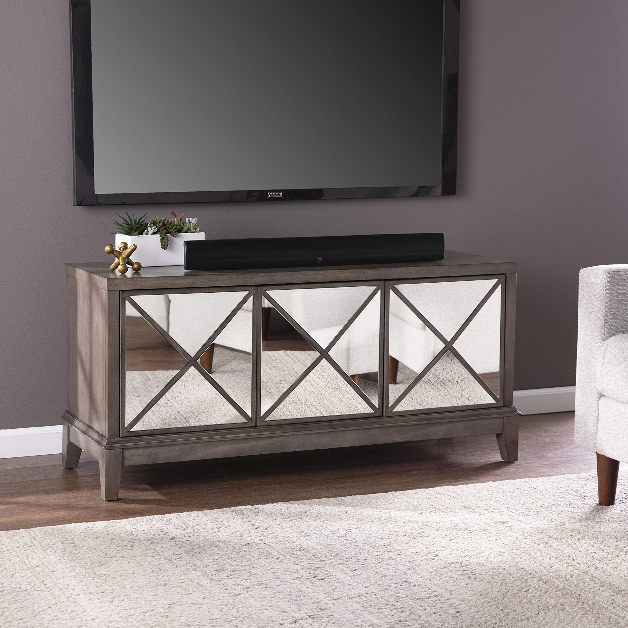 SEI Furniture Wallaston Mirrored Media Cabinet - Light Brown TV Stand with Mirror for Living Room, Bedroom & Home Theater Storage