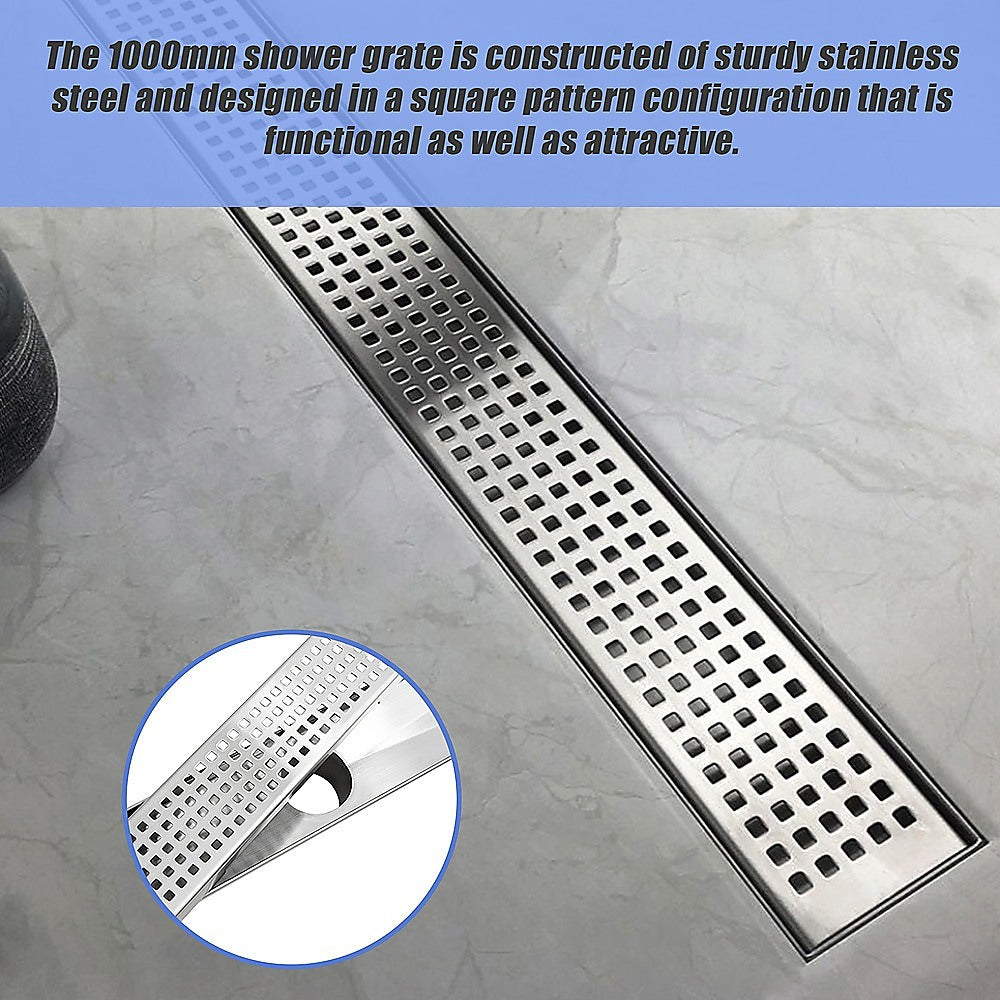 1000mm Stainless Steel Shower Drain Grate - Square Pattern with Center Outlet - Heavy Duty Bathroom Floor Waste for Wet Room & Shower Enclosure