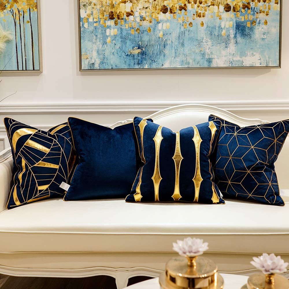 Avigers 18x18 Inch Navy Blue & Gold Plaid Luxury European Throw Pillow Cover - Decorative Cushion Case for Sofa, Living Room, Bedroom, Car - Perfect for Home Decor, Gifts & Seasonal Styling