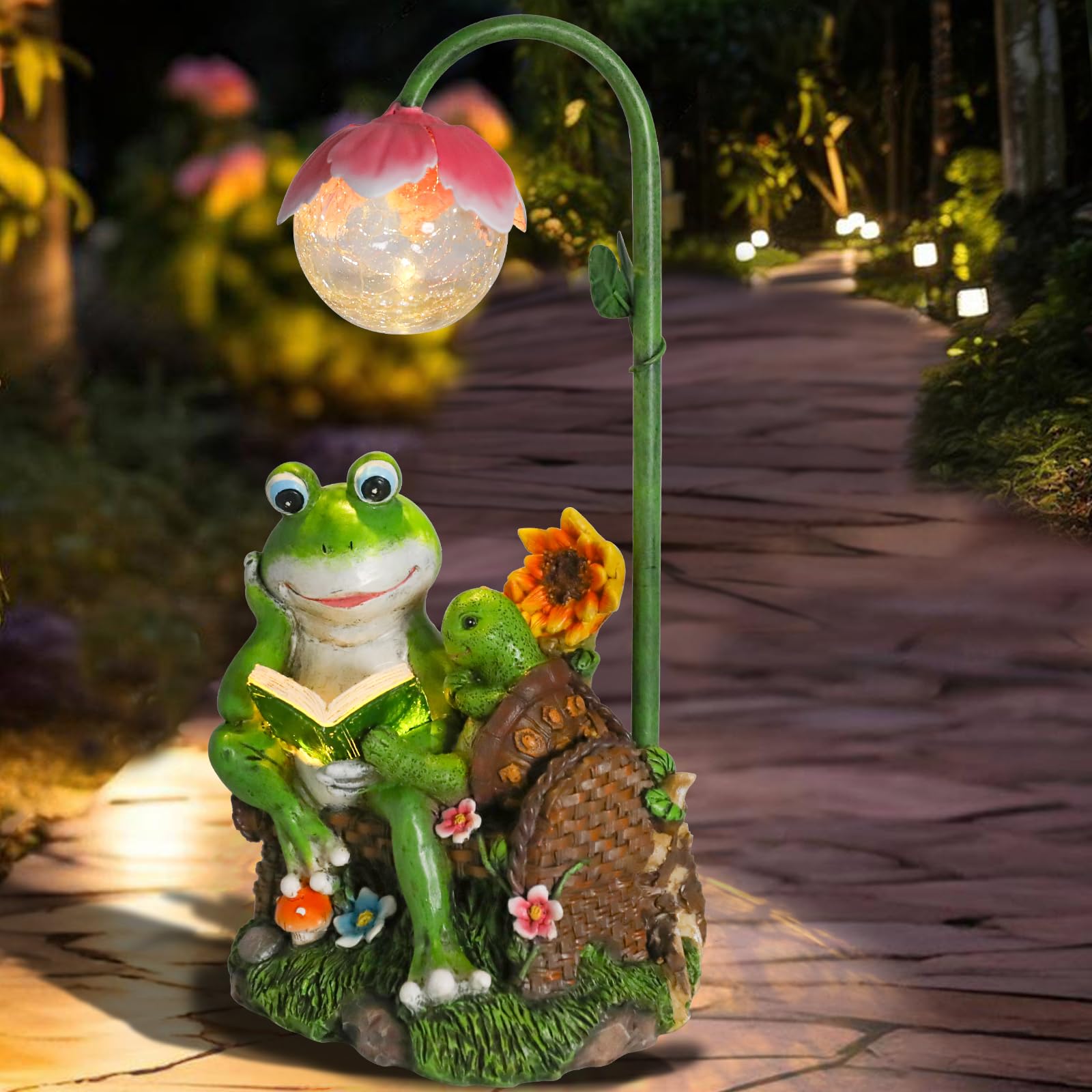 Solar Garden Statues - Frog & Turtle Reading Sculpture with LED Lights | Outdoor Decor for Patio, Balcony, Yard | Weather-Resistant Figurine Gift for Garden Lovers (Perfect for Evening Ambiance & Landscape Decoration)