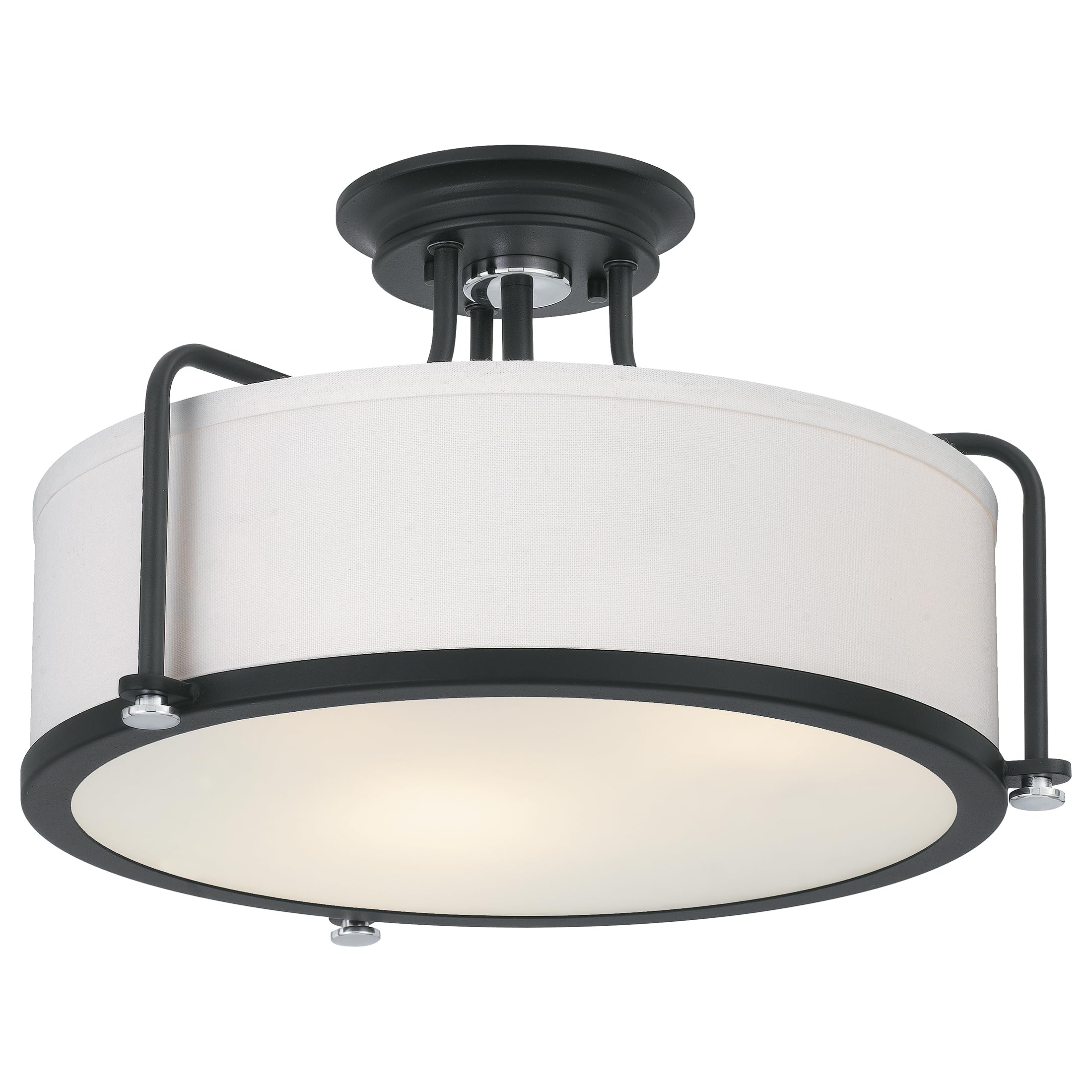Quoizel Rigel 18 Inch 3-Light Semi-Flush Mount Ceiling Fixture - 100W Earth Black Hanging Light with Eggshell Fabric & Frosted Glass Shade for Hallway, Kitchen, Bedroom, Living Room or Office - Perfect for Modern Home Lighting and Interior Decor