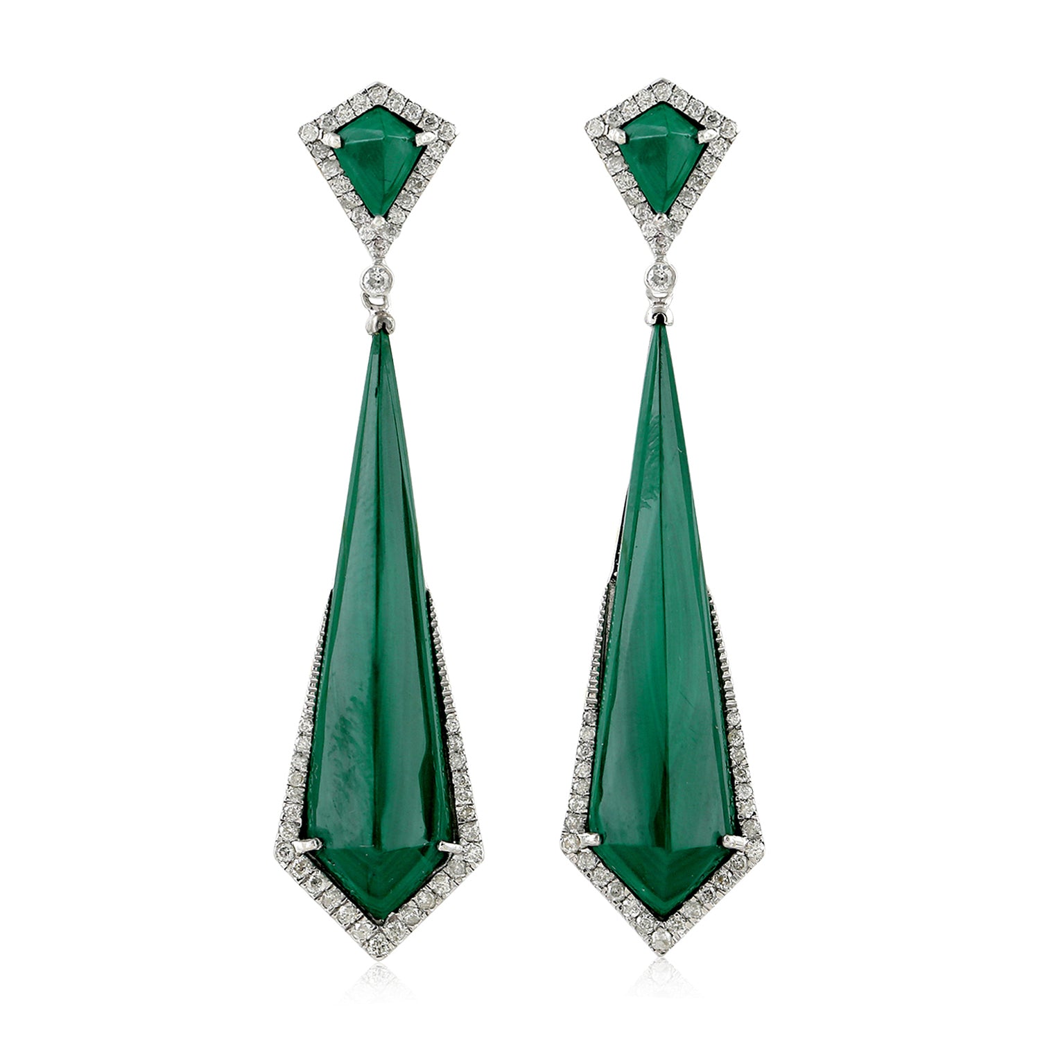 18k White Gold Malachite Diamond Dangle Earrings for Women - Elegant Jewelry Gift for Parties, Weddings & Special Occasions