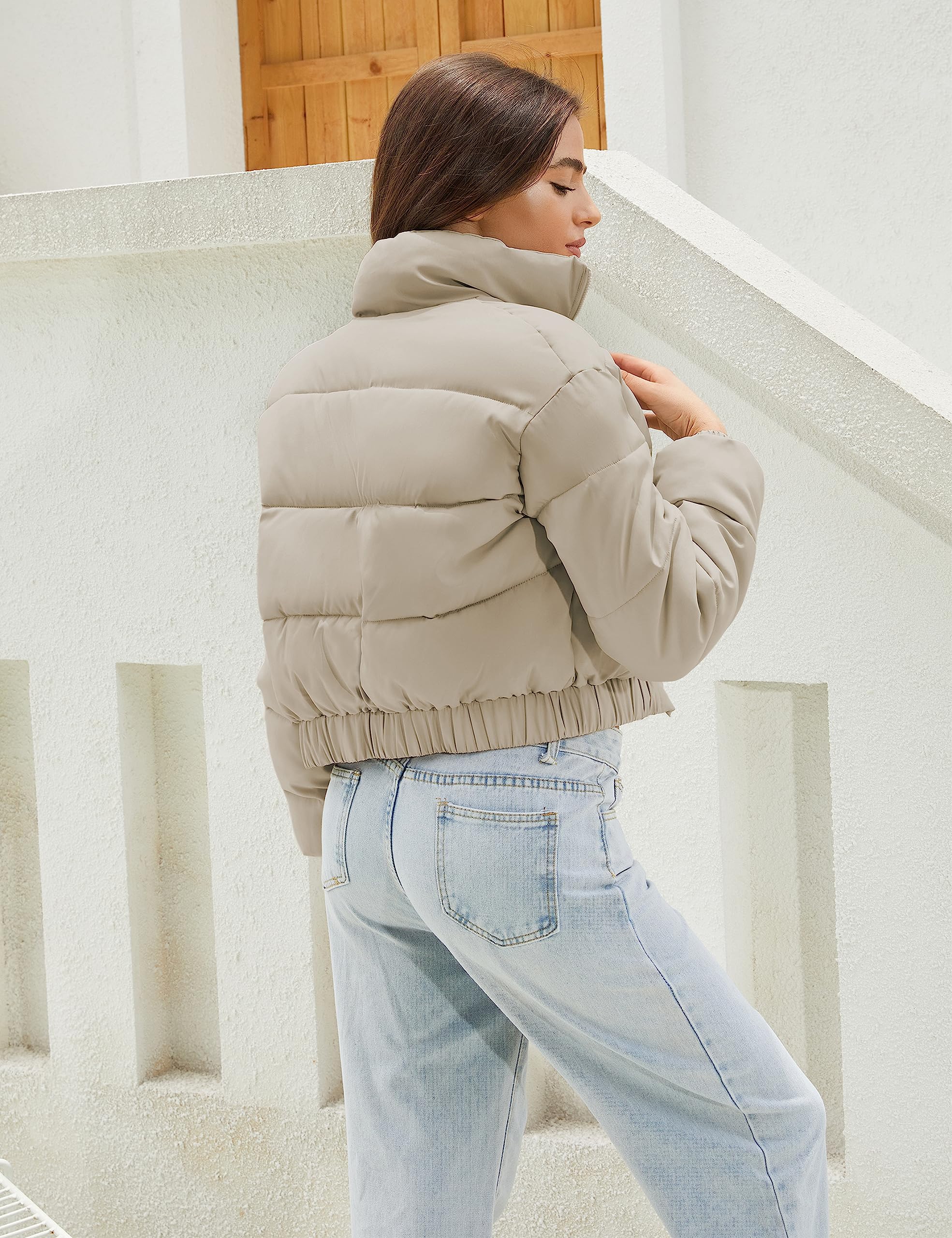 Hooever Women's Cropped Puff Jacket - Winter Stand Collar Quilted Bubble Coat with Full Zipper | Warm Outerwear for Casual Outings, Street Style & Cold Weather Fashion