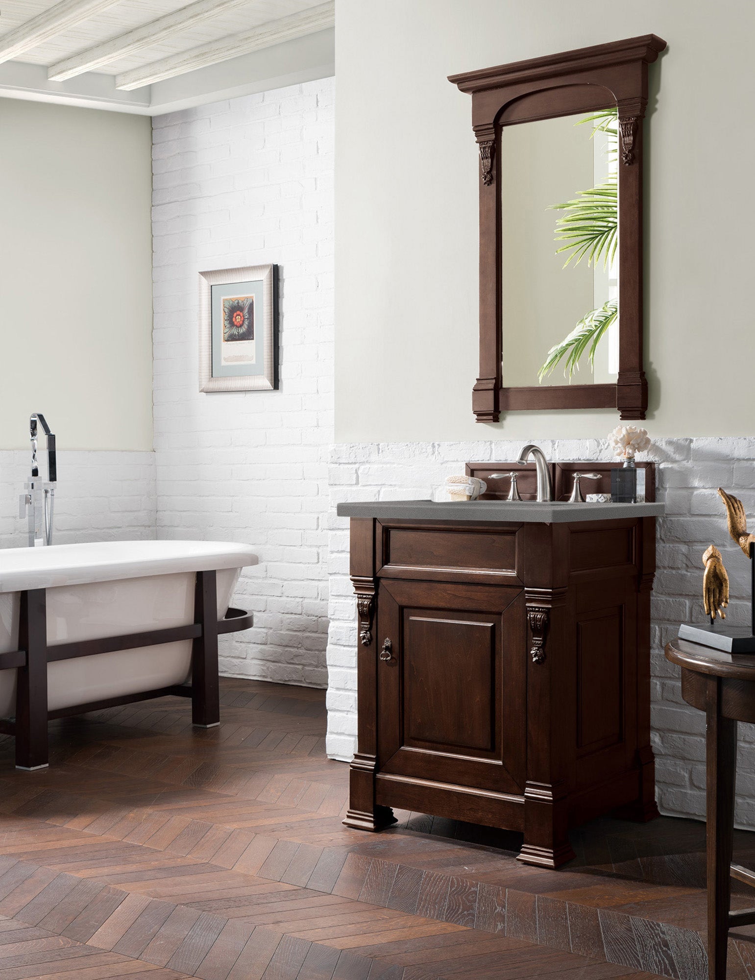 Brookfield 26 Inch Single Bathroom Vanity with Burnished Mahogany Cabinet & 3CM Gray Expo Quartz Countertop - Perfect for Small Bathrooms, Powder Rooms & Home Renovations