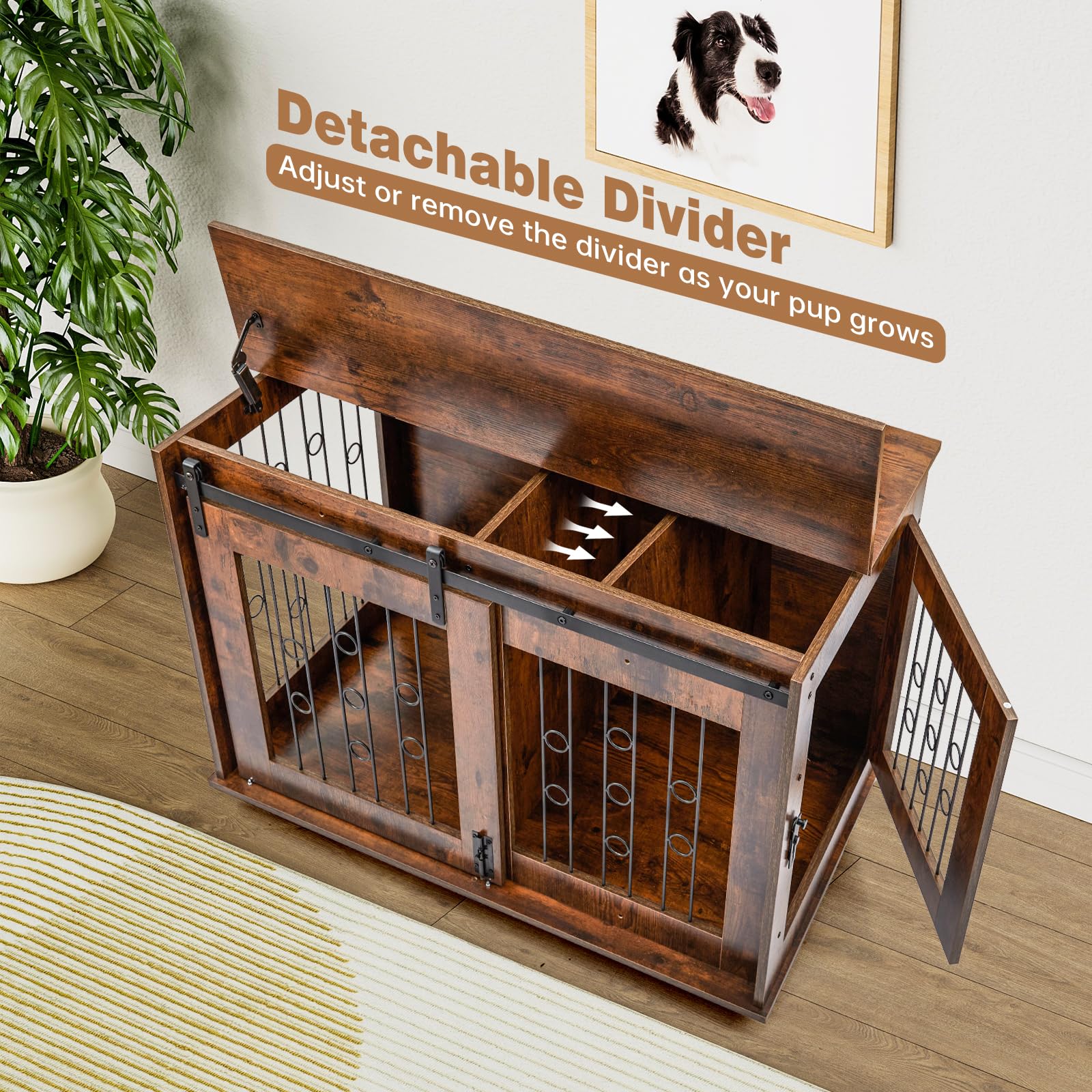 GARVEE 39 Inch Wooden Double Dog Crate with Removable Divider & Barn Door Style - Indoor Pet Kennel for Large Dogs, Perfect for Home, Office, or Travel Use