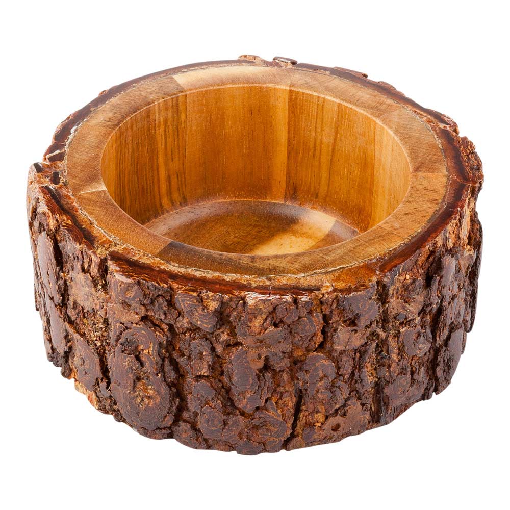 10 oz Round Acacia Wood Serving Bowl - Natural Varnished Finish with Bark Edges - 4