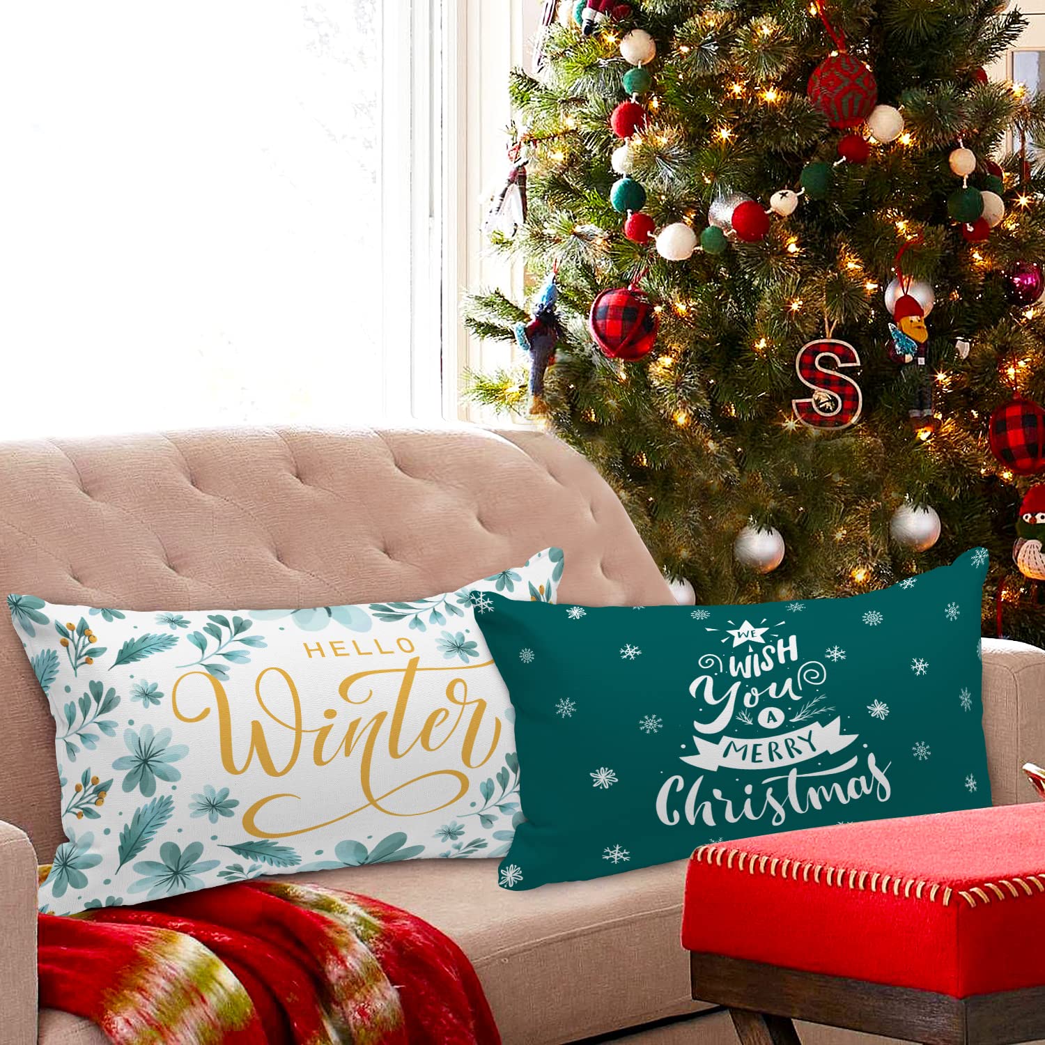 Lanpn Merry Christmas Lumbar Throw Pillow Covers 12x20 (Set of 4) - Decorative Teal Holiday Cushion Covers for Sofa, Bed & Home Decor | Perfect for Winter, Xmas Tree & Fireplace Cozy Decorations