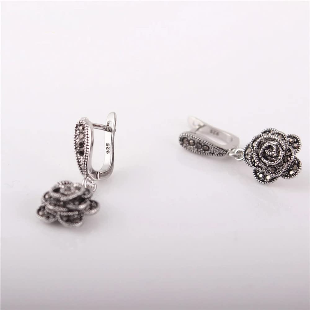 Vintage Black CZ Rose Flower Drop Earrings for Women - Elegant Dangle Jewelry for Party, Wedding & Evening Wear