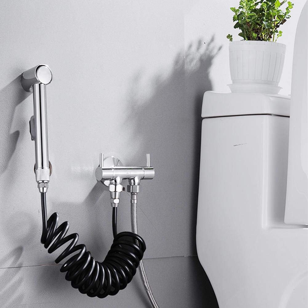 Black Handheld Bidet Sprayer with Spring Tube Hose - PU Toilet Cleaner for Bathroom, Shower & Travel Use - Hygienic Bathroom Accessory for Personal Care and Cleaning