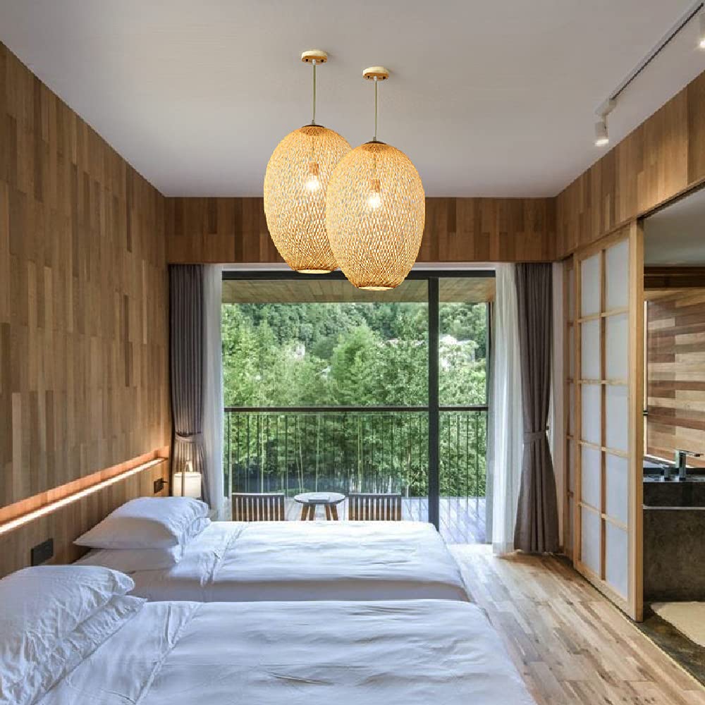 Modern LED Chandelier Light - Handwoven Bamboo Rattan Pendant Lamp with Warm White Lighting | Eco-Friendly Ceiling Light Fixture for Bedroom, Living Room, Dining Room & Study | Dimmable Hanging Lantern for Home Decor and Cozy Ambiance