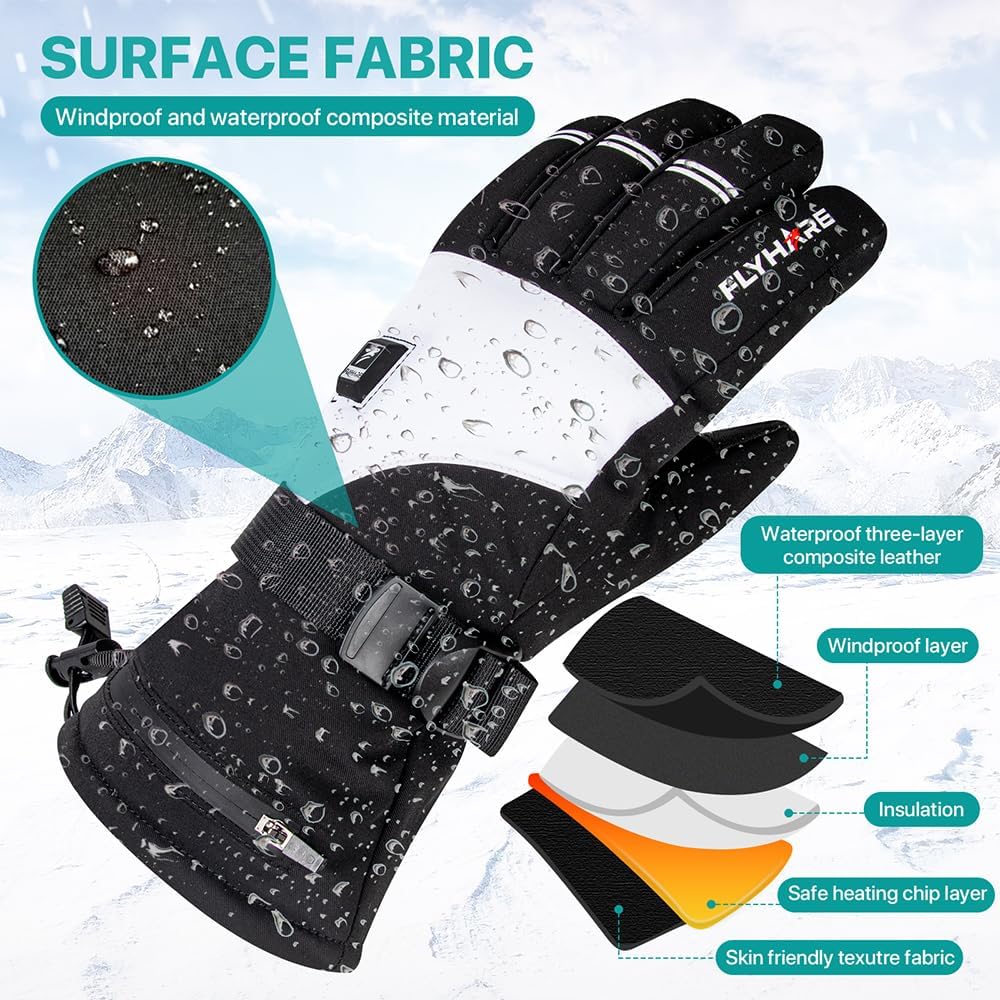 Flyhare Heated Gloves - Rechargeable Electric Winter Gloves for Men & Women, Windproof Waterproof Touchscreen Compatible, 5V USB Heating with 3 Temperature Settings - Perfect for Skiing, Snowboarding & Cold Weather Outdoor Activities