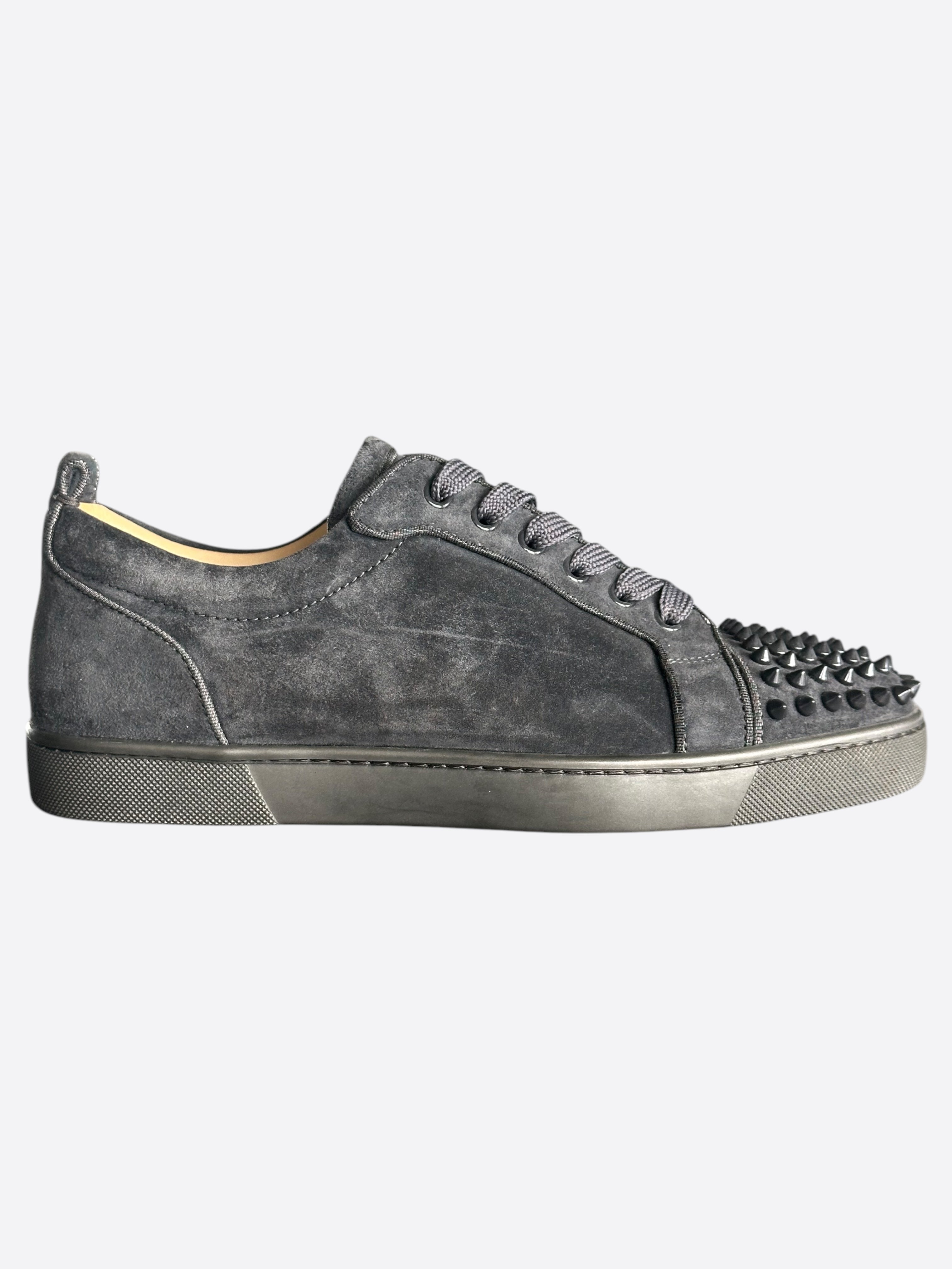 Christian Louboutin Grey Velour Junior Spikes Sneakers for Boys - Luxury Kids Designer Shoes with Signature Spikes - Perfect for Special Occasions & Fashion Events