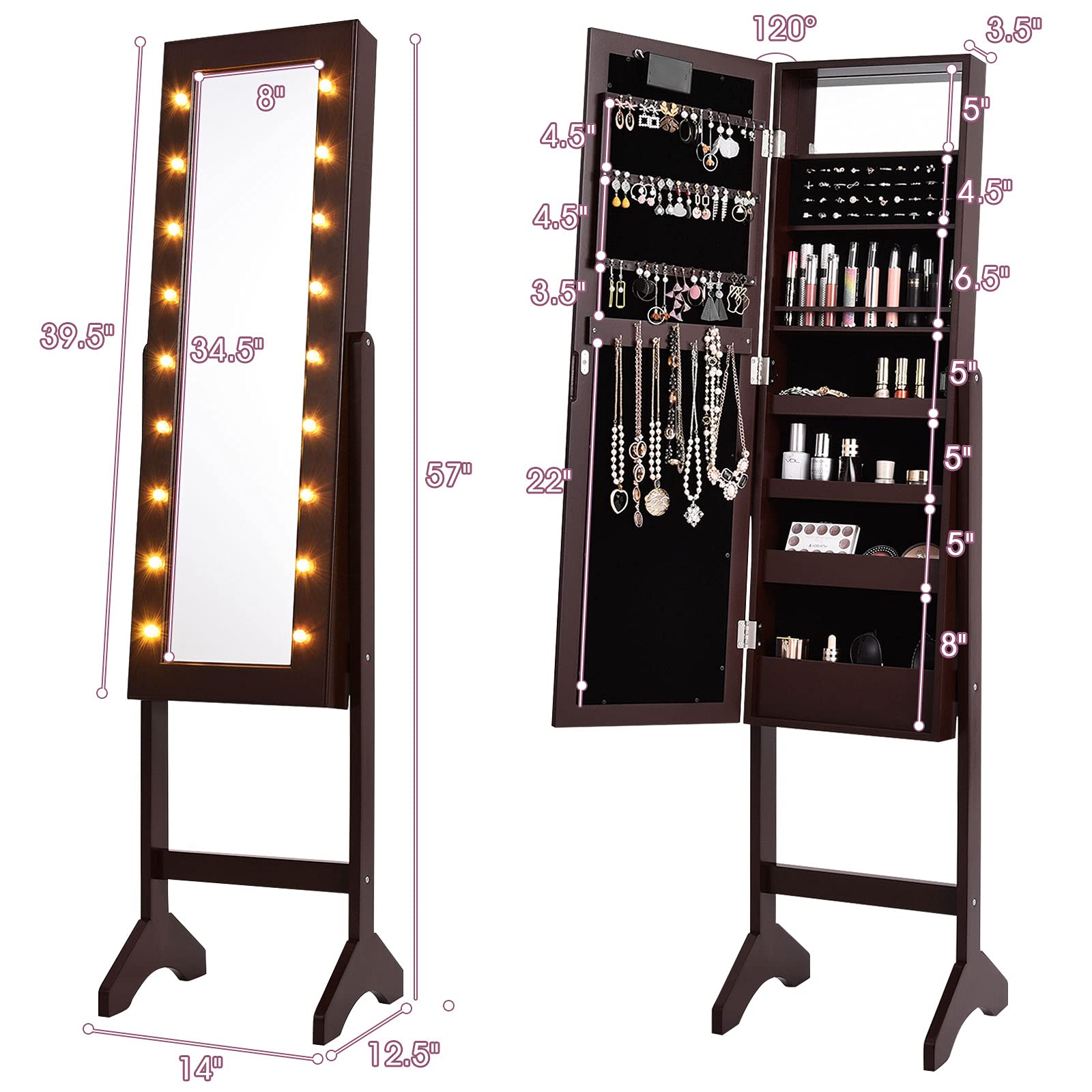 LDAILY Standing Jewelry Armoire with 18 LED Lights - Full Length Mirror Jewelry Cabinet Organizer for Necklaces, Earrings & Accessories - Large Storage Jewelry Stand for Women & Girls (Brown) - Perfect for Bedroom, Dressing Room & Closet Organization
