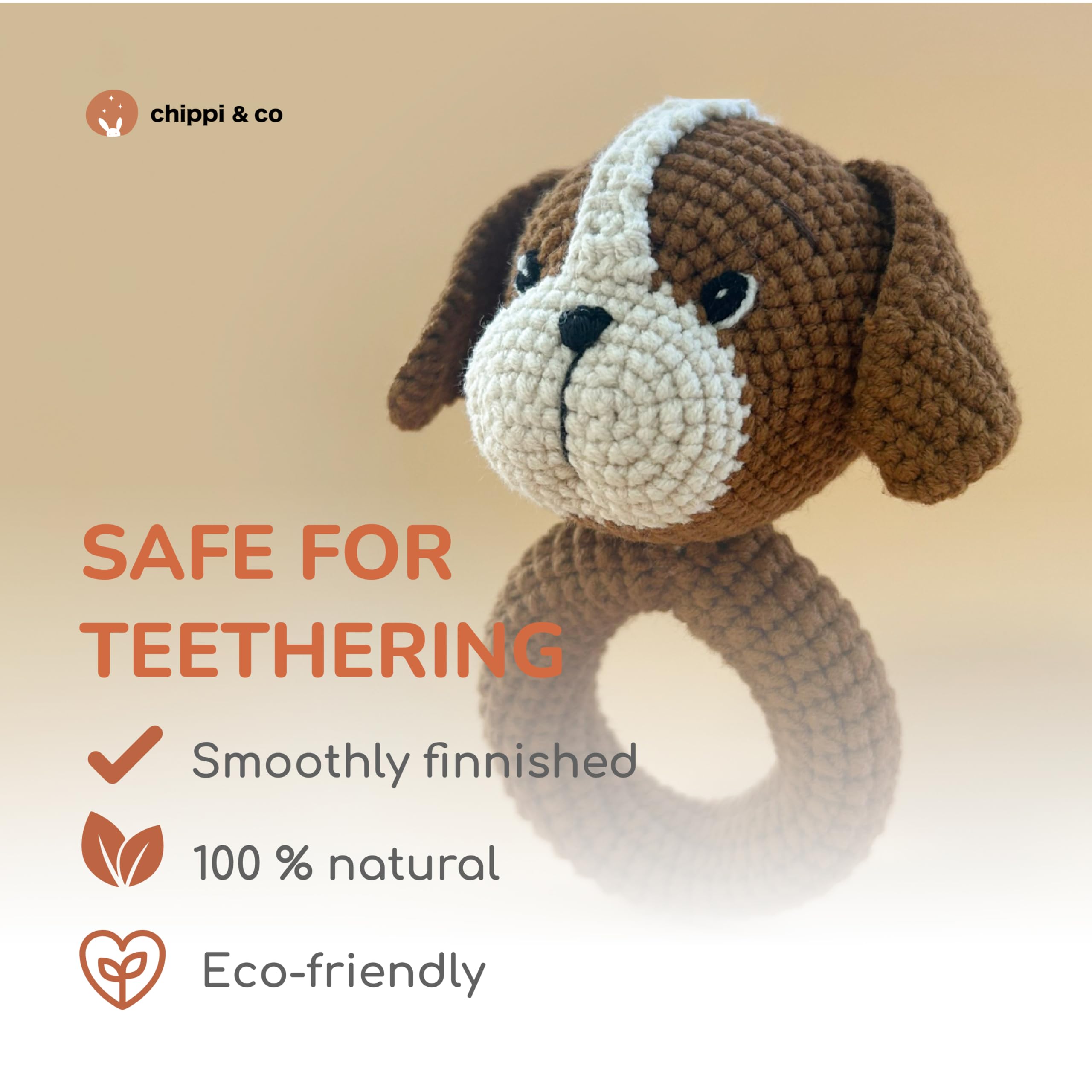 Organic Crochet Baby Rattle & Stuffed Animal Toy - Handmade Gift for Newborns, Baby Showers & Mom-to-Be (Dog)