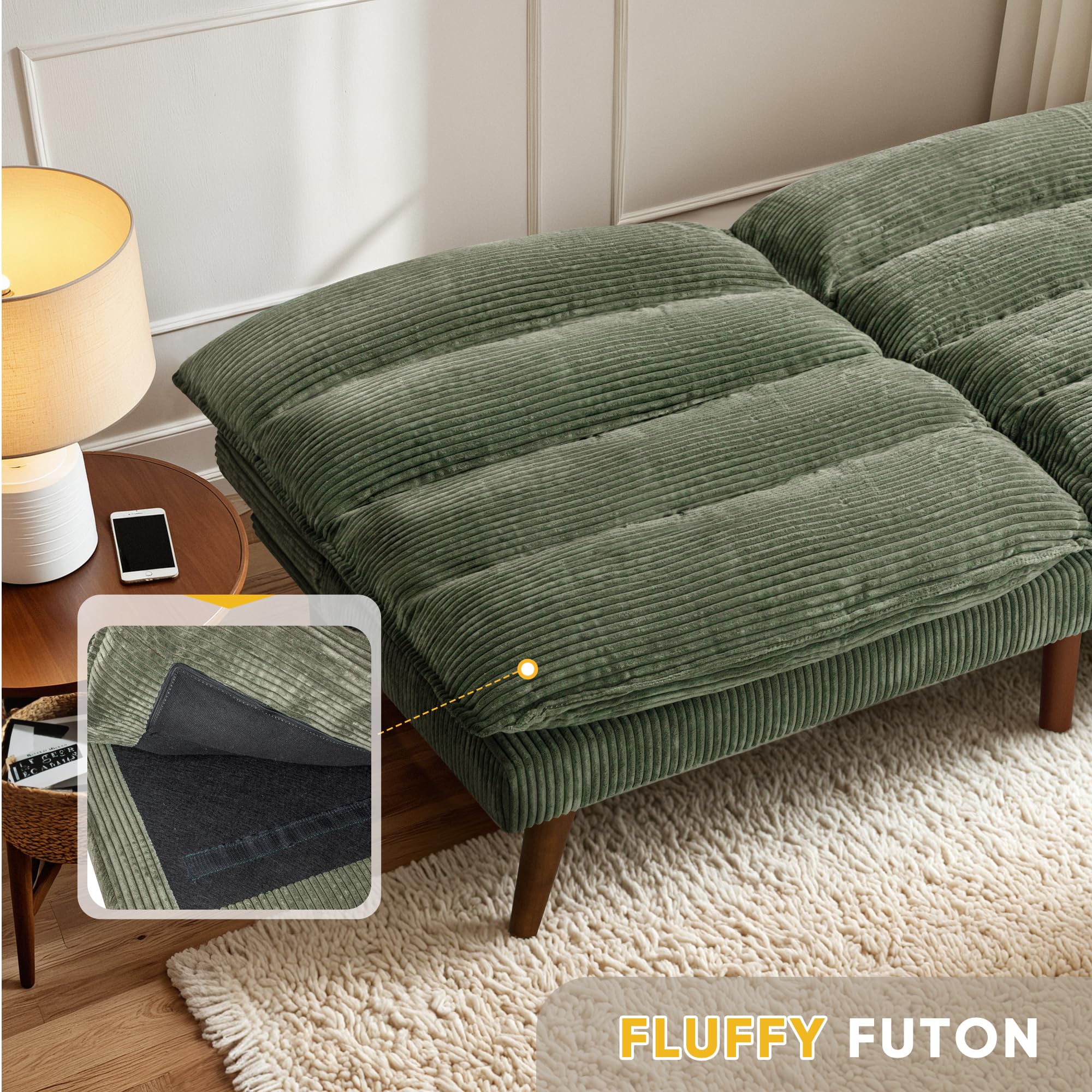 Flamaker Convertible Futon Sofa Bed - Adjustable Back Upholstered Sleeper Couch for Living Room, Guest Room & Small Spaces (Corduroy Fabric, Green) - Perfect for Apartments, Dorms & Home Offices