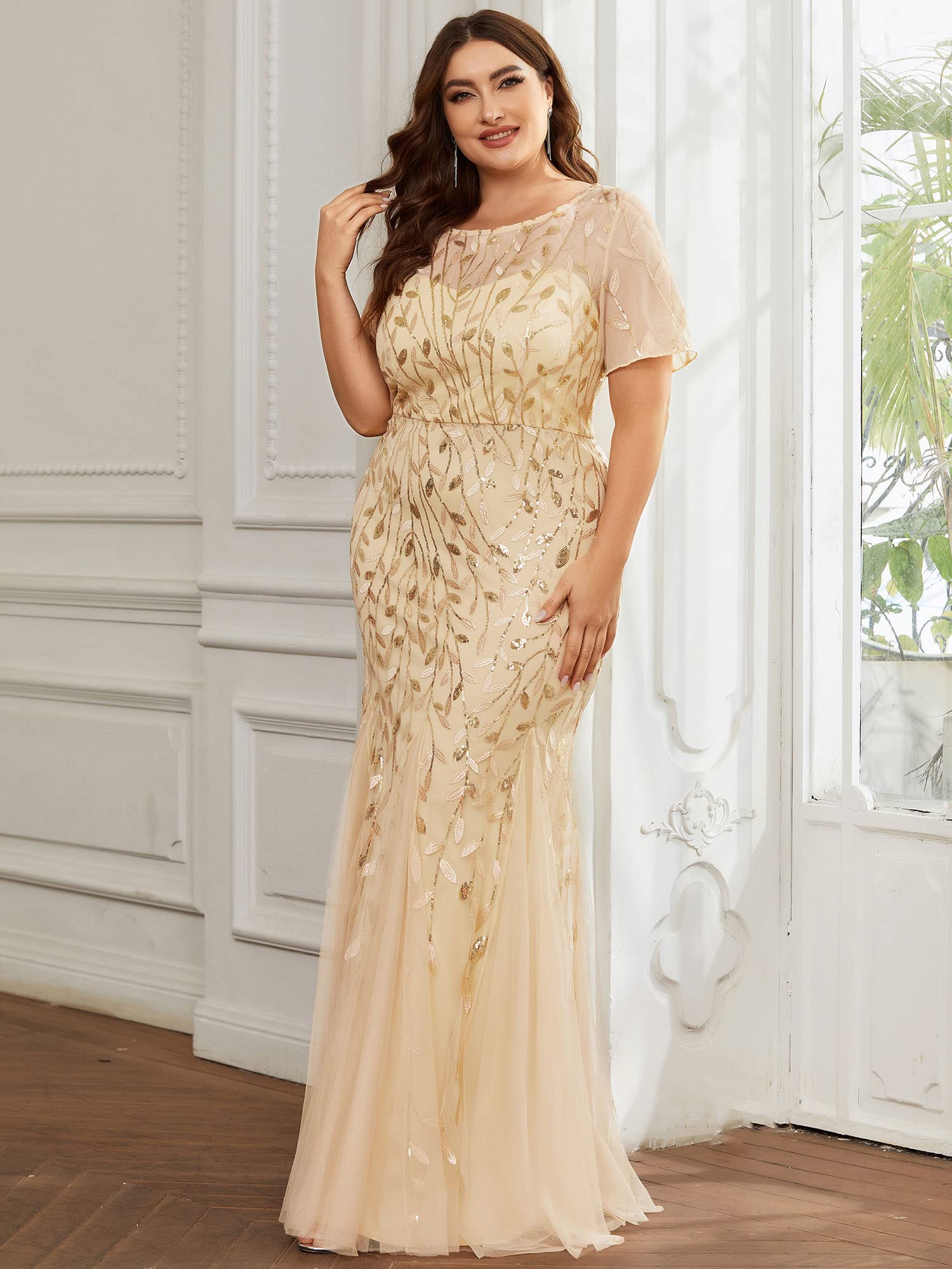 Ever-Pretty Women's Plus Size Embroidered Sequin Short Sleeve Bodycon Maxi Formal Dress 07707-PZUSA | Elegant Evening Gowns for Prom, Wedding Guest & Special Occasions