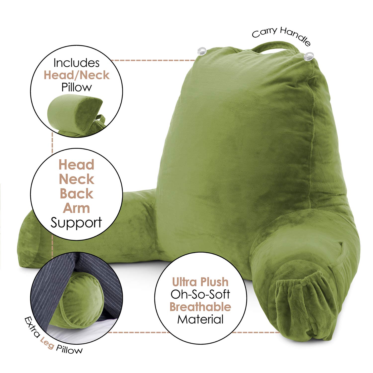 Nestl Reading Pillow with Shredded Memory Foam - Large Back Support Pillow for Sitting in Bed, Reading & Relaxing - Calla Green Bed Chair Pillow with Pockets (Perfect for Reading, Watching TV, or Lounging in Bed)